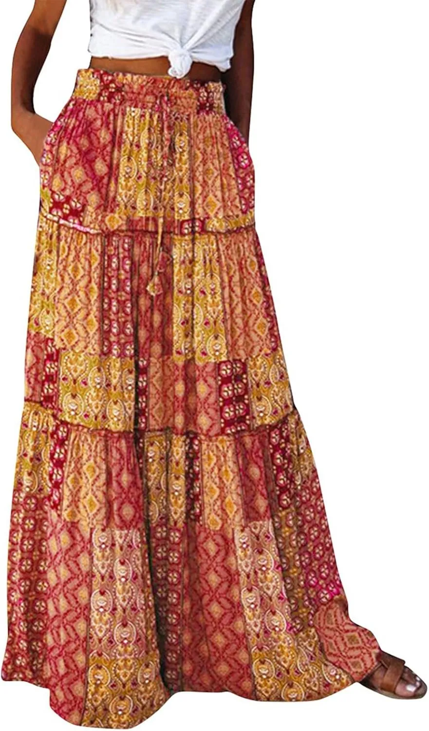 Long Skirt,Elastic High Waisted Linen Flowy Skirts for Women 2025 Summer Womens Boho Maxi Skirt with Pockets
