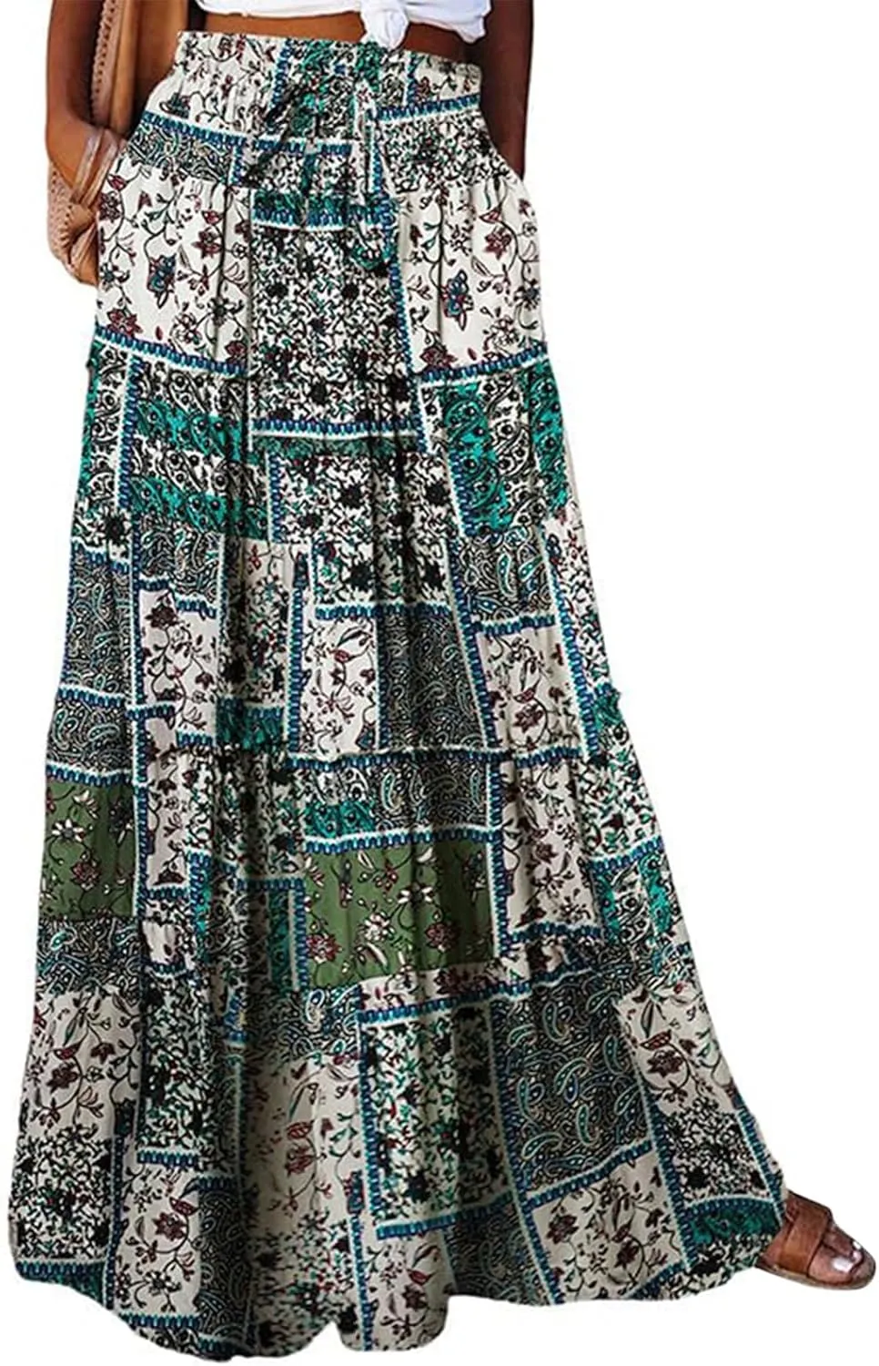 Long Skirt,Elastic High Waisted Linen Flowy Skirts for Women 2025 Summer Womens Boho Maxi Skirt with Pockets