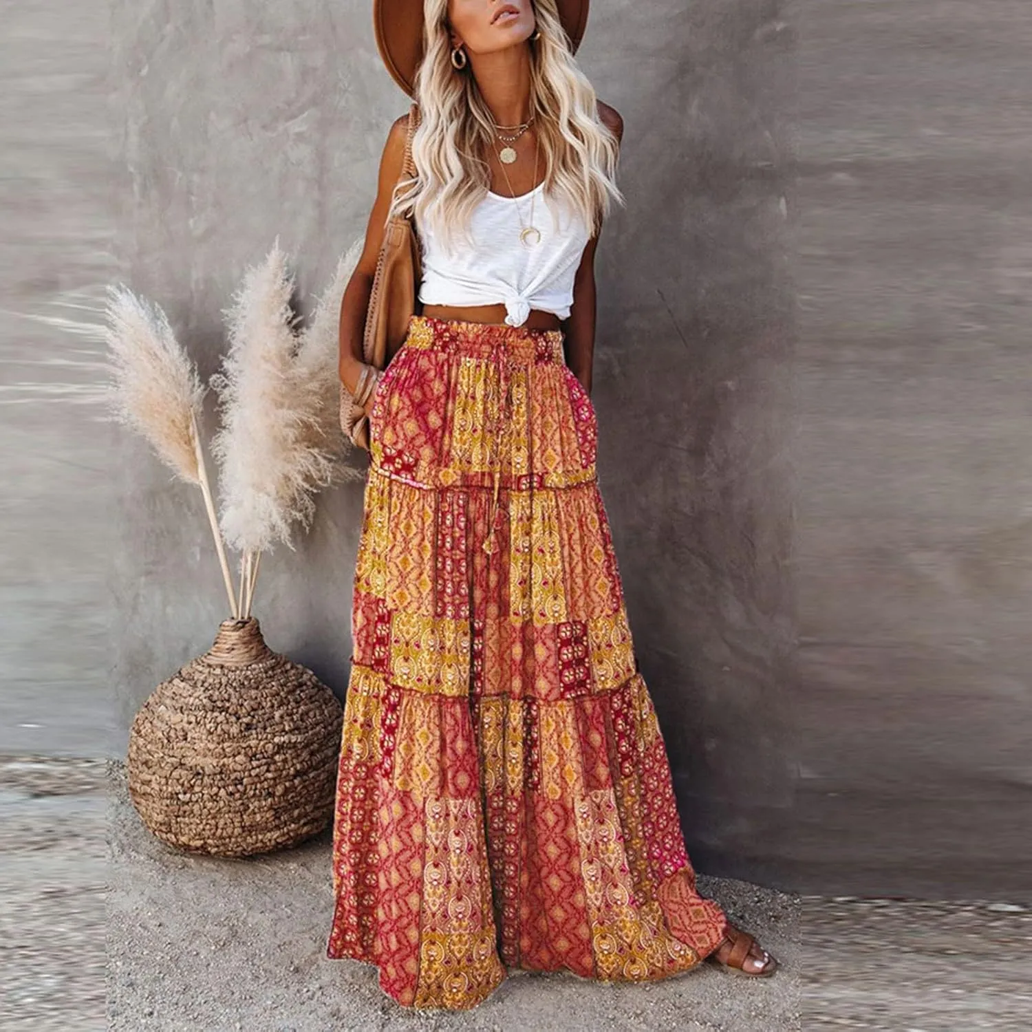 Long Skirt,Elastic High Waisted Linen Flowy Skirts for Women 2025 Summer Womens Boho Maxi Skirt with Pockets