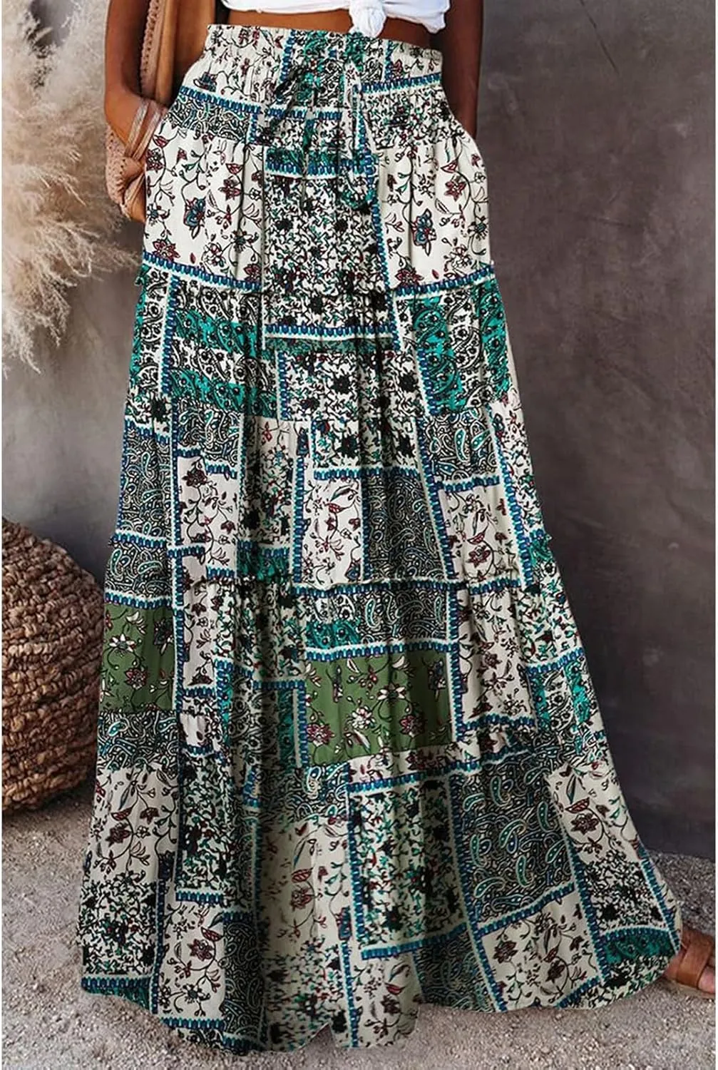 Long Skirt,Elastic High Waisted Linen Flowy Skirts for Women 2025 Summer Womens Boho Maxi Skirt with Pockets