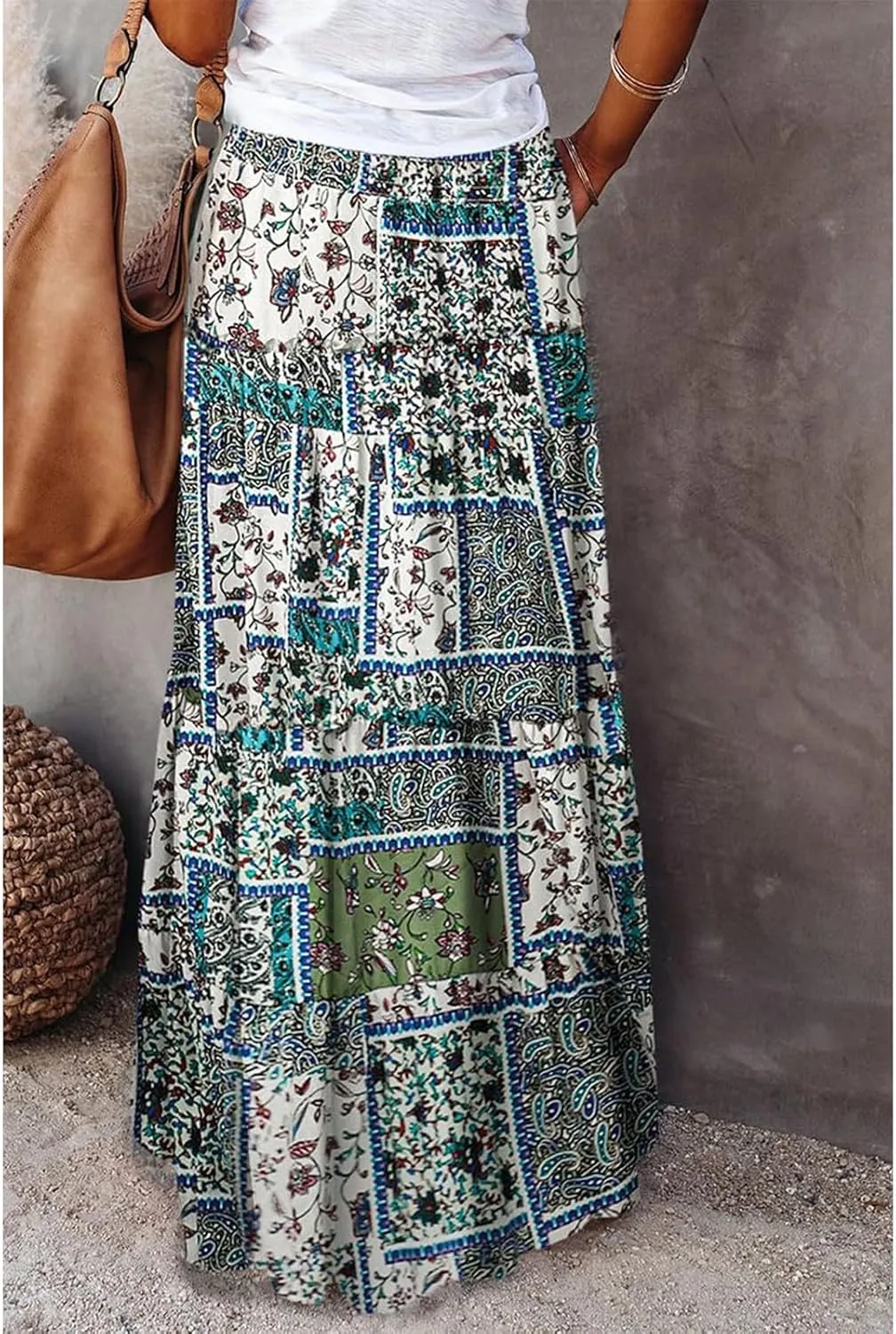 Long Skirt,Elastic High Waisted Linen Flowy Skirts for Women 2025 Summer Womens Boho Maxi Skirt with Pockets
