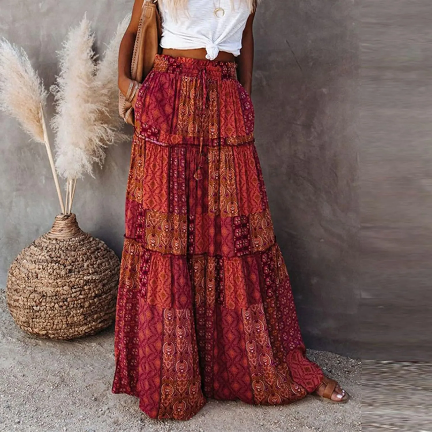 Long Skirt,Flowy Skirts for Women 2025 Elastic High Waisted Trendy Pleated Womens Boho Maxi Skirt with Pockets