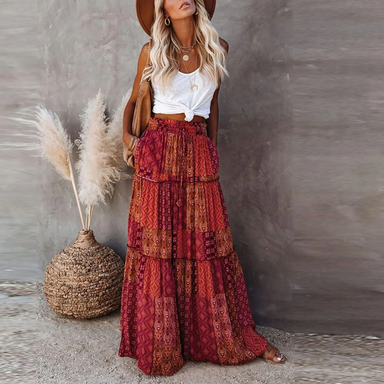 Long Skirt,Flowy Skirts for Women 2025 Elastic High Waisted Trendy Pleated Womens Boho Maxi Skirt with Pockets