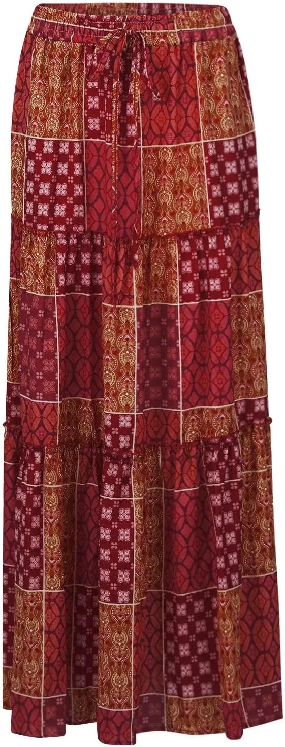 Long Skirt,Flowy Skirts for Women 2025 Elastic High Waisted Trendy Pleated Womens Boho Maxi Skirt with Pockets