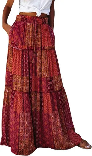 Long Skirt,Flowy Skirts for Women 2025 Elastic High Waisted Trendy Pleated Womens Boho Maxi Skirt with Pockets