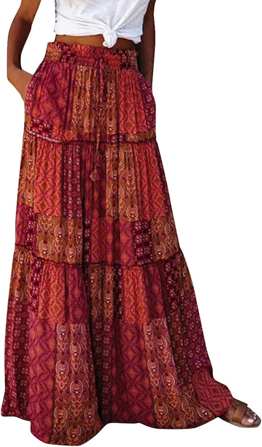 Long Skirt,Flowy Skirts for Women 2025 Elastic High Waisted Trendy Pleated Womens Boho Maxi Skirt with Pockets