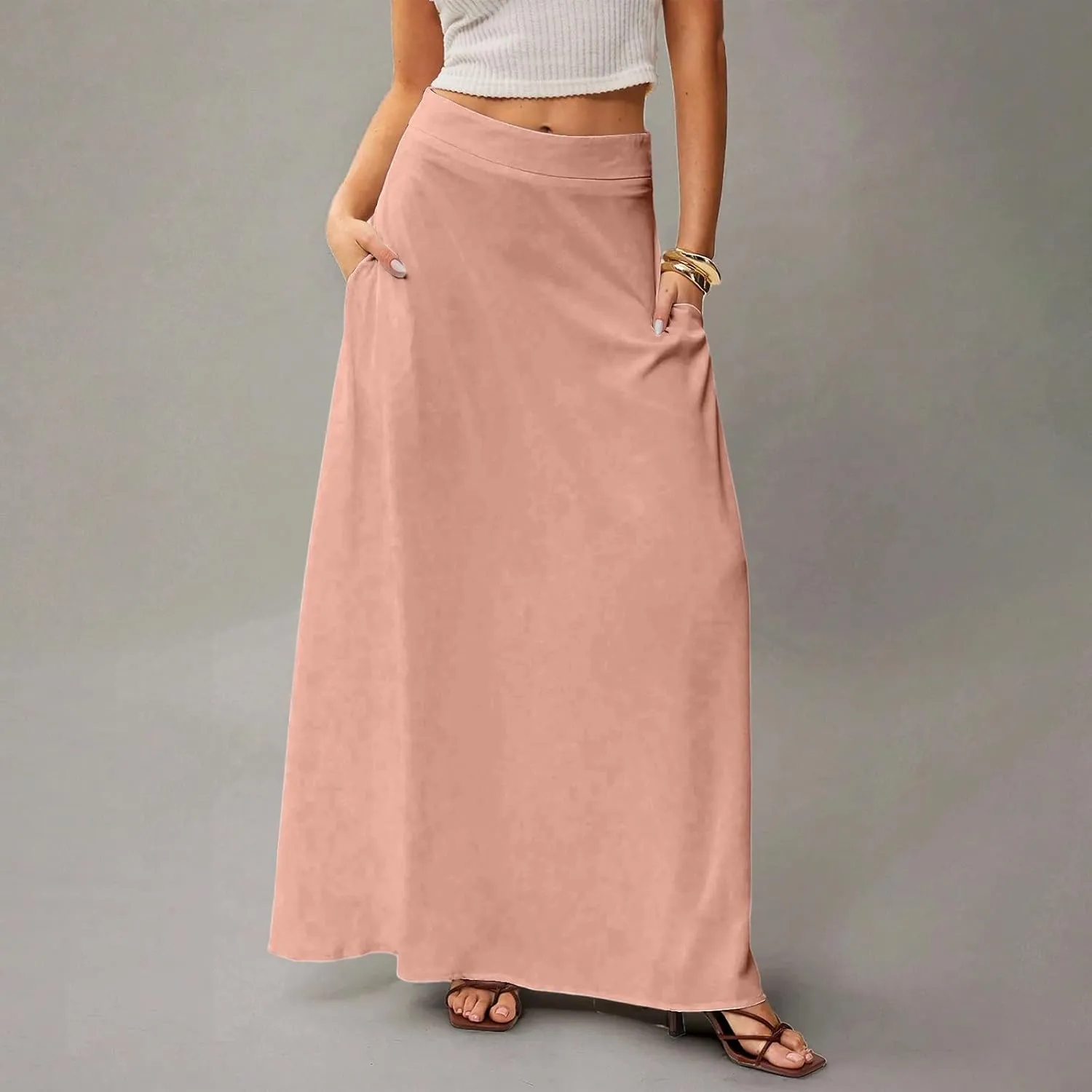 Long Skirts for Women 2025 Summer Vacation High Waisted A Line Skirt Elegant Work Office Flowy Maxi Skirt with Pockets