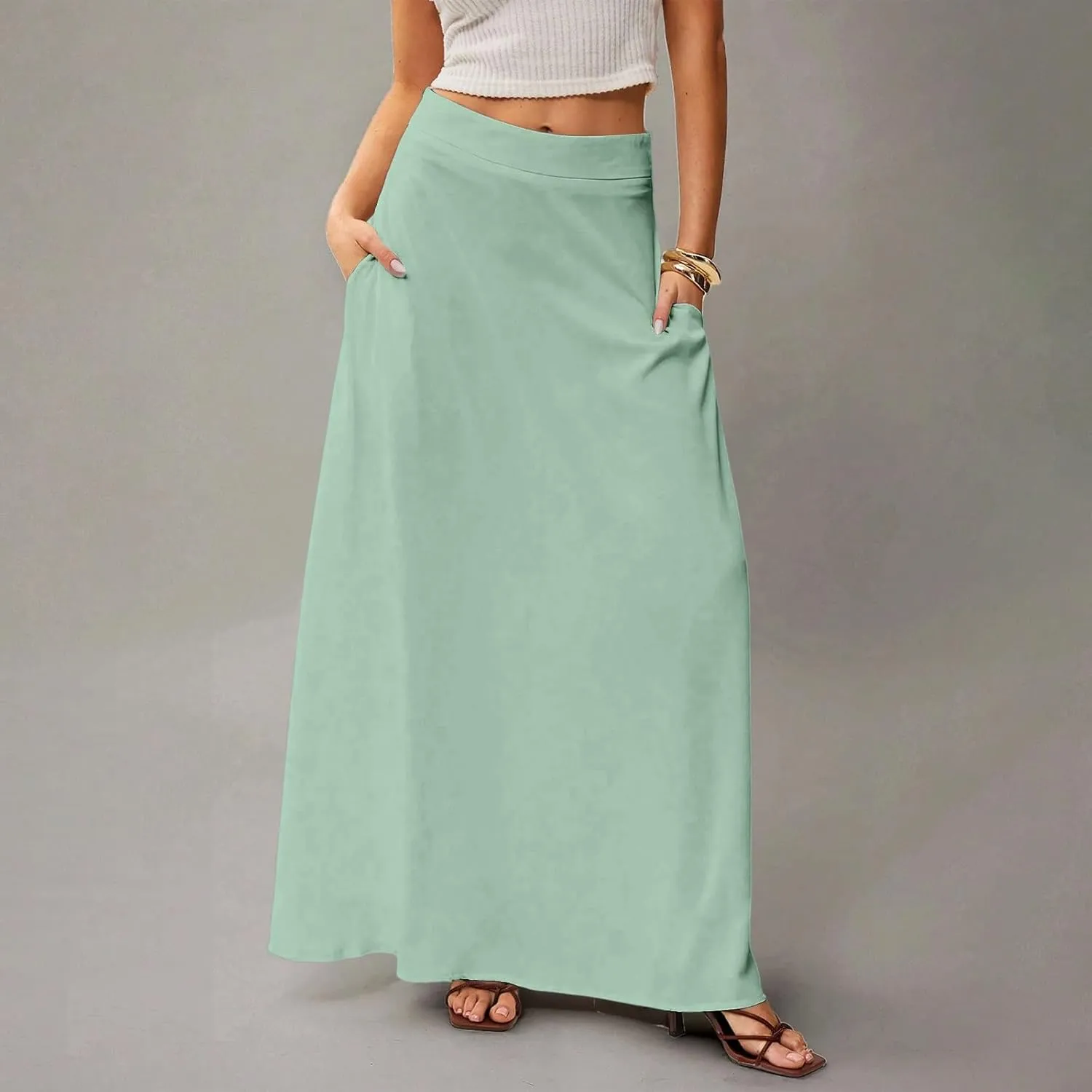 Long Skirts for Women 2025 Summer Vacation High Waisted A Line Skirt Elegant Work Office Flowy Maxi Skirt with Pockets