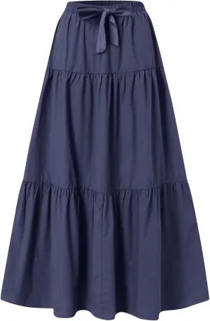 Long Skirts for Women Trendy High Waisted Tiered A Line Linen Skirt Casual Flowy Pleated Beach Maxi Skirts with Tie
