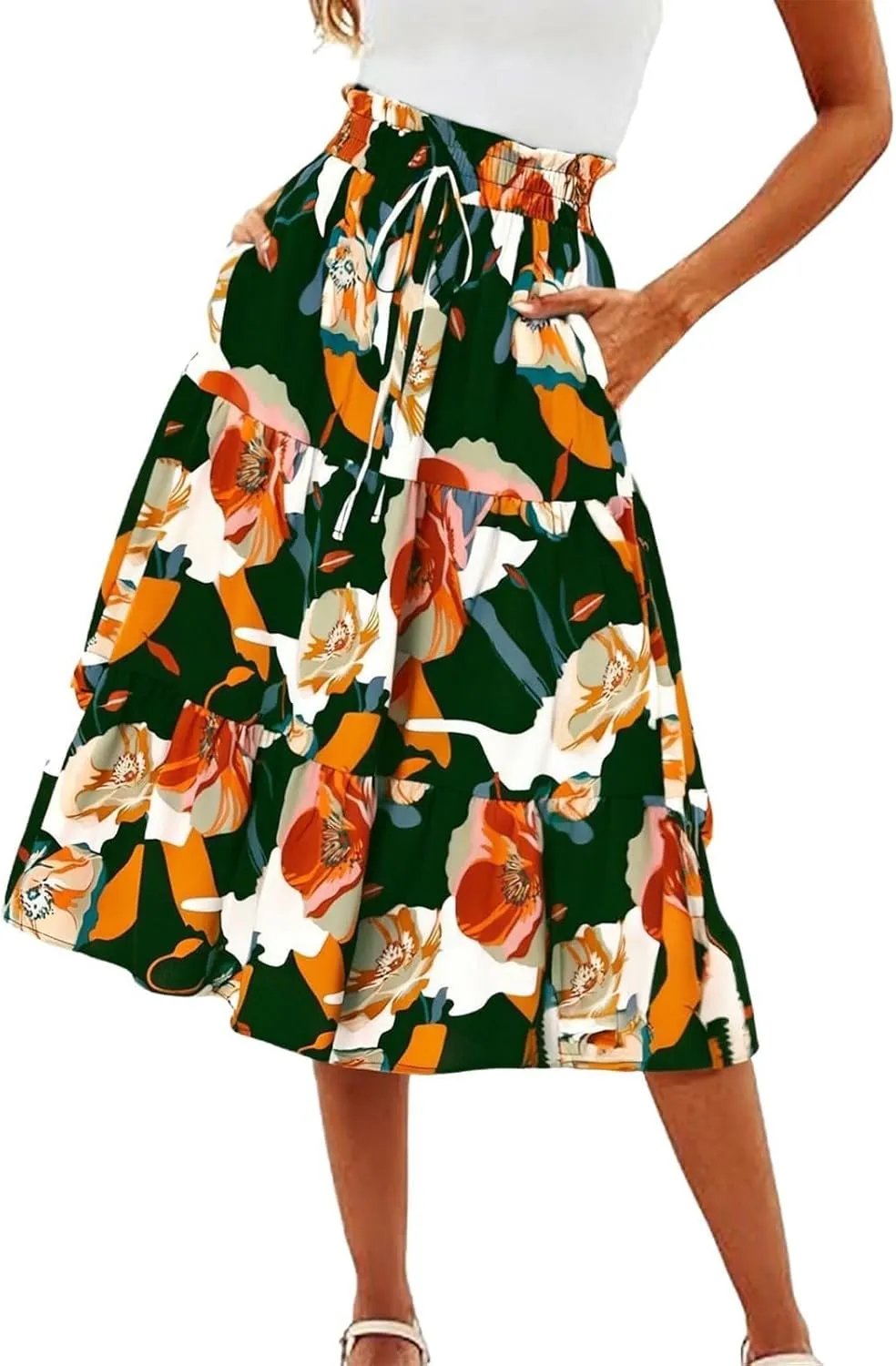 Long Skirts for Women,Elastic High Waisted Womens Boho Maxi Skirt with Pockets Linen Flowy Long Skirts 2025 Trendy