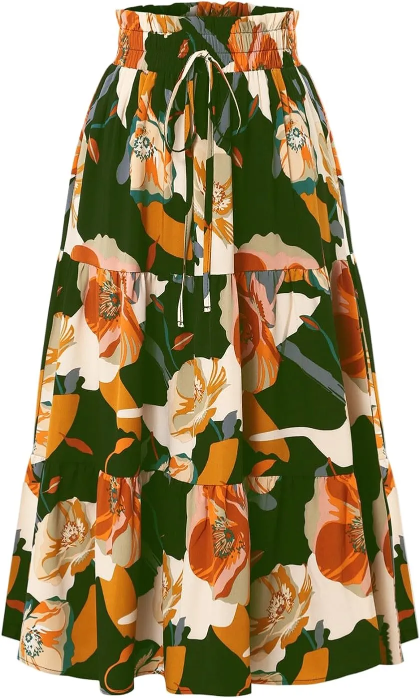 Long Skirts for Women,Elastic High Waisted Womens Boho Maxi Skirt with Pockets Linen Flowy Long Skirts 2025 Trendy