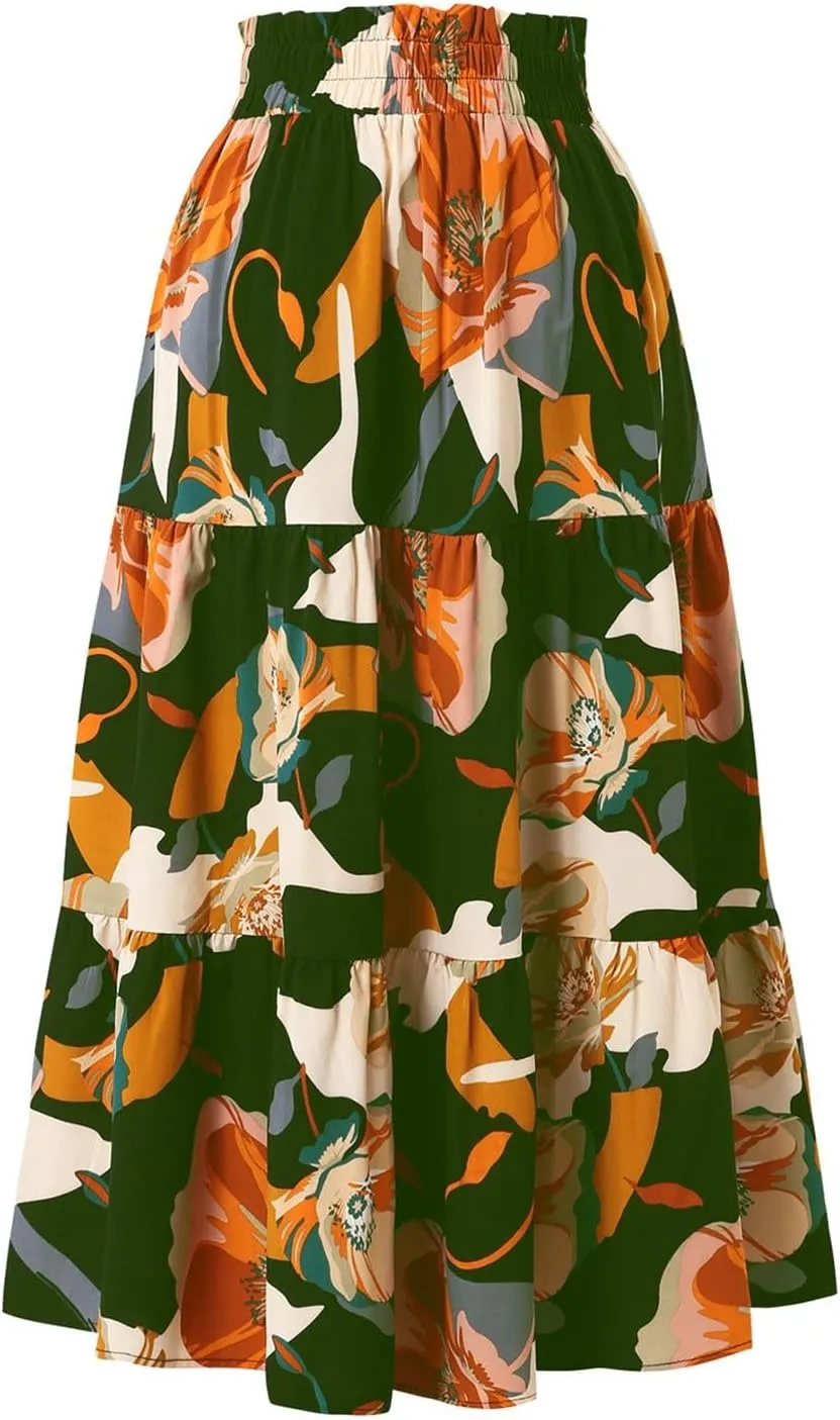 Long Skirts for Women,Elastic High Waisted Womens Boho Maxi Skirt with Pockets Linen Flowy Long Skirts 2025 Trendy