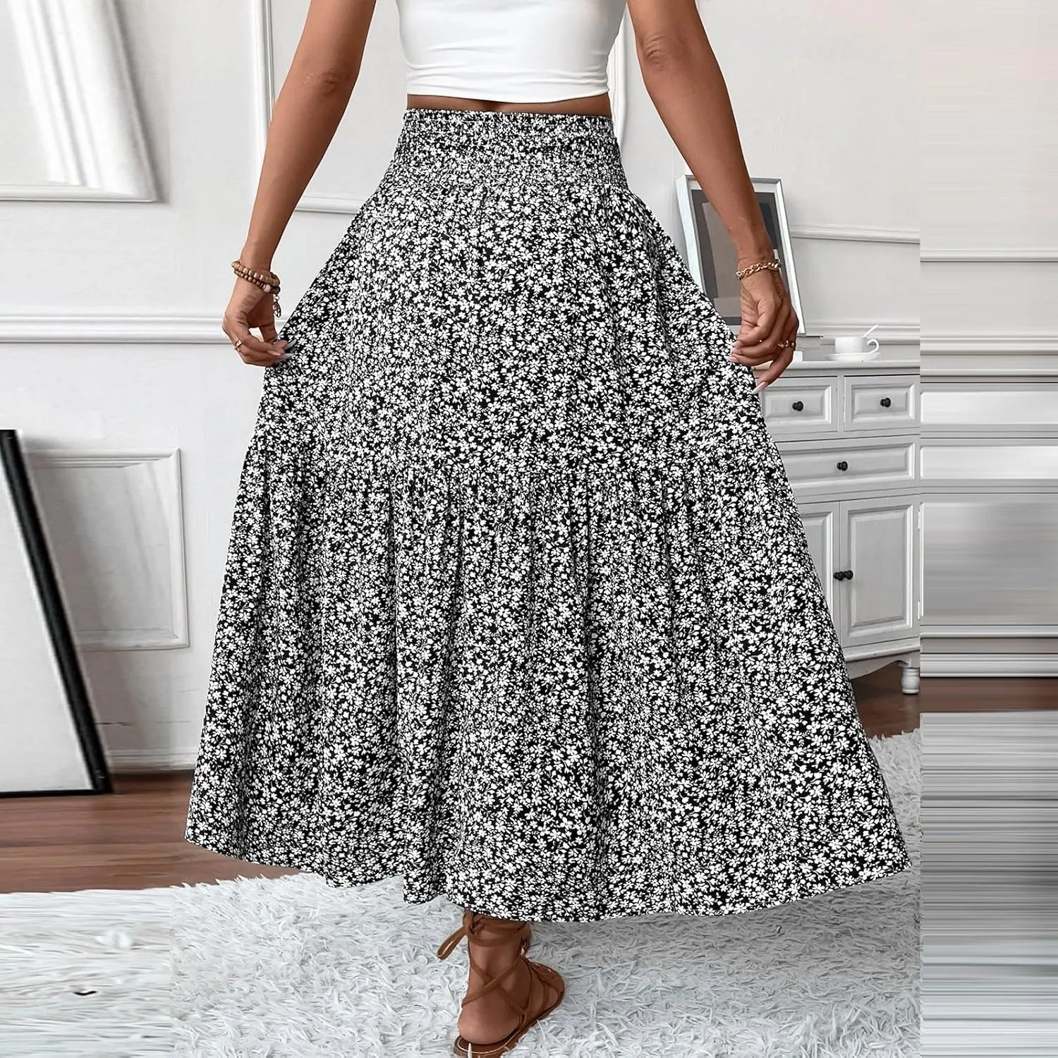 Long Skirts for Women,Flowy Long Skirts 2025 High Waisted Trendy Womens Boho Maxi Skirt with Pockets Pleated