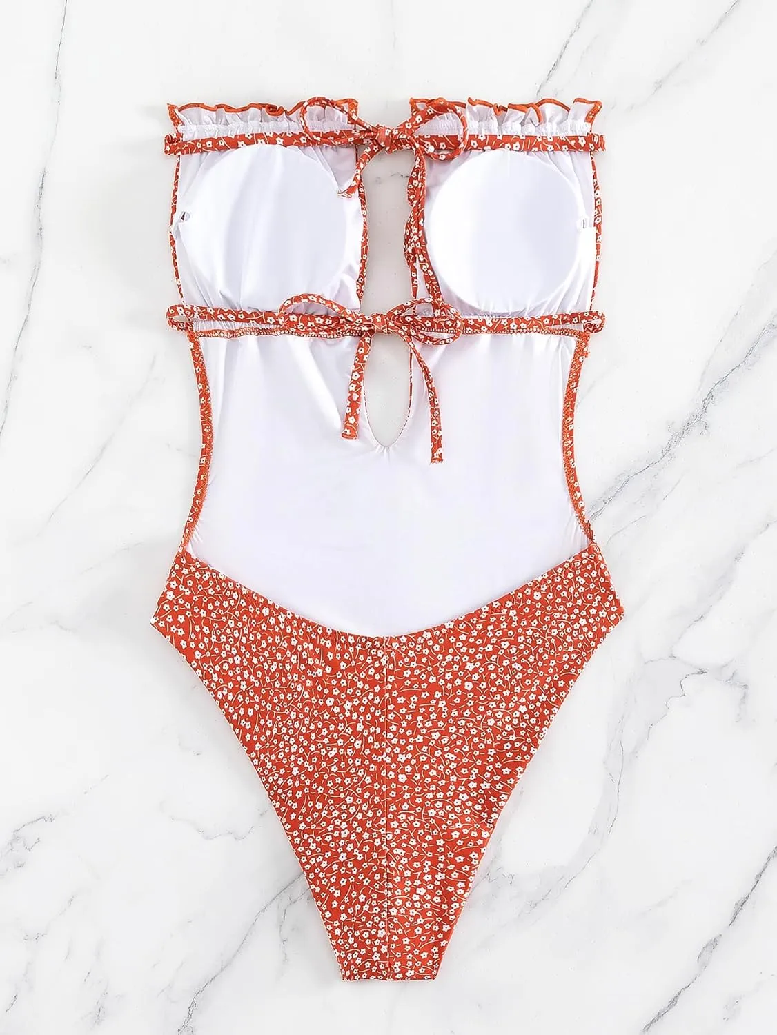 MakeMeChic Women's Strapless Bathing Suit Color Block Frill Trim Tie Back Bandeau One Piece Swimsuit