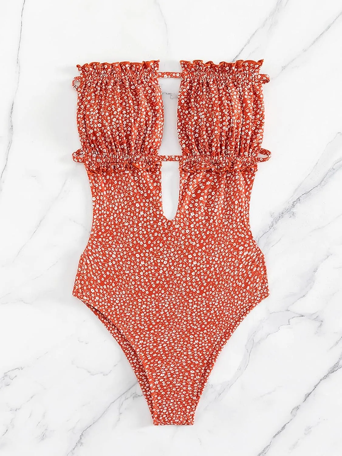 MakeMeChic Women's Strapless Bathing Suit Color Block Frill Trim Tie Back Bandeau One Piece Swimsuit