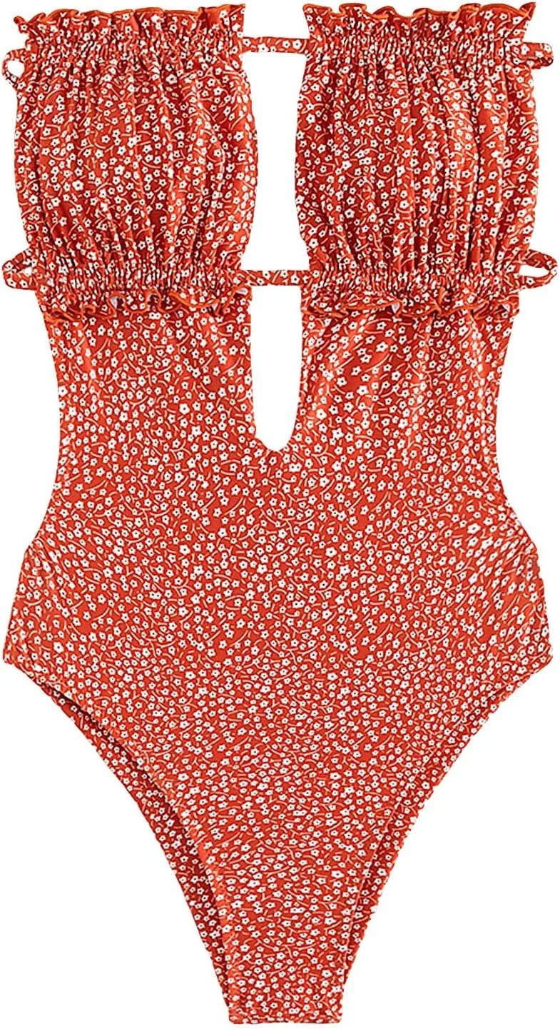 MakeMeChic Women's Strapless Bathing Suit Color Block Frill Trim Tie Back Bandeau One Piece Swimsuit