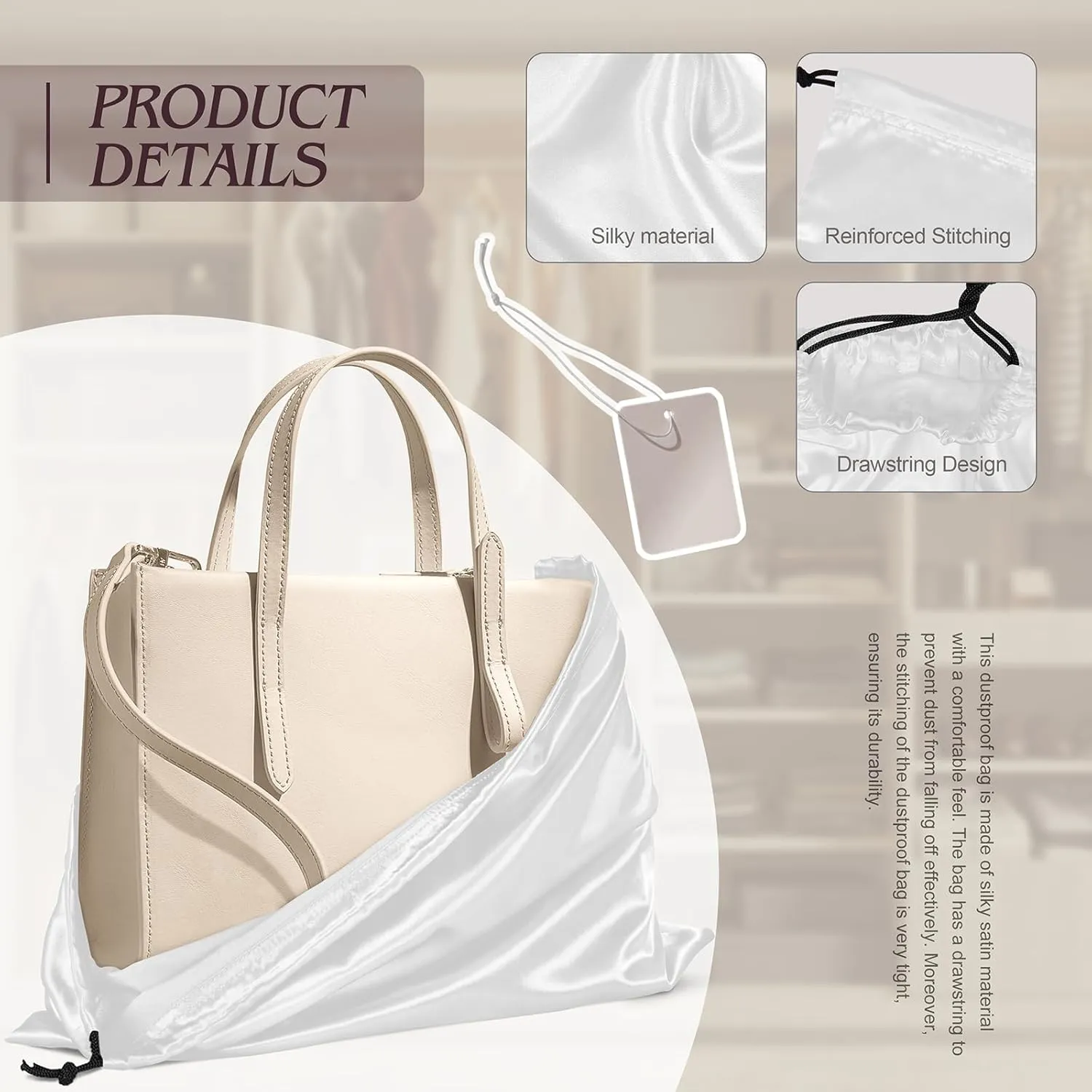 Manyshofu 7 Pack Satin Dust Bags for Handbags & Shoes - White Drawstring Bags, Silk Dust Cover, Protector Travel Storage Pouch (19.6 x 15.7)