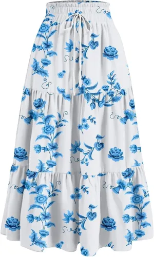 Maxi Skirt for Women Flowy Floral Print A-Line Maxi Summer Skirt Drawstring Elastic High Waist Pleated Tiered Skirts