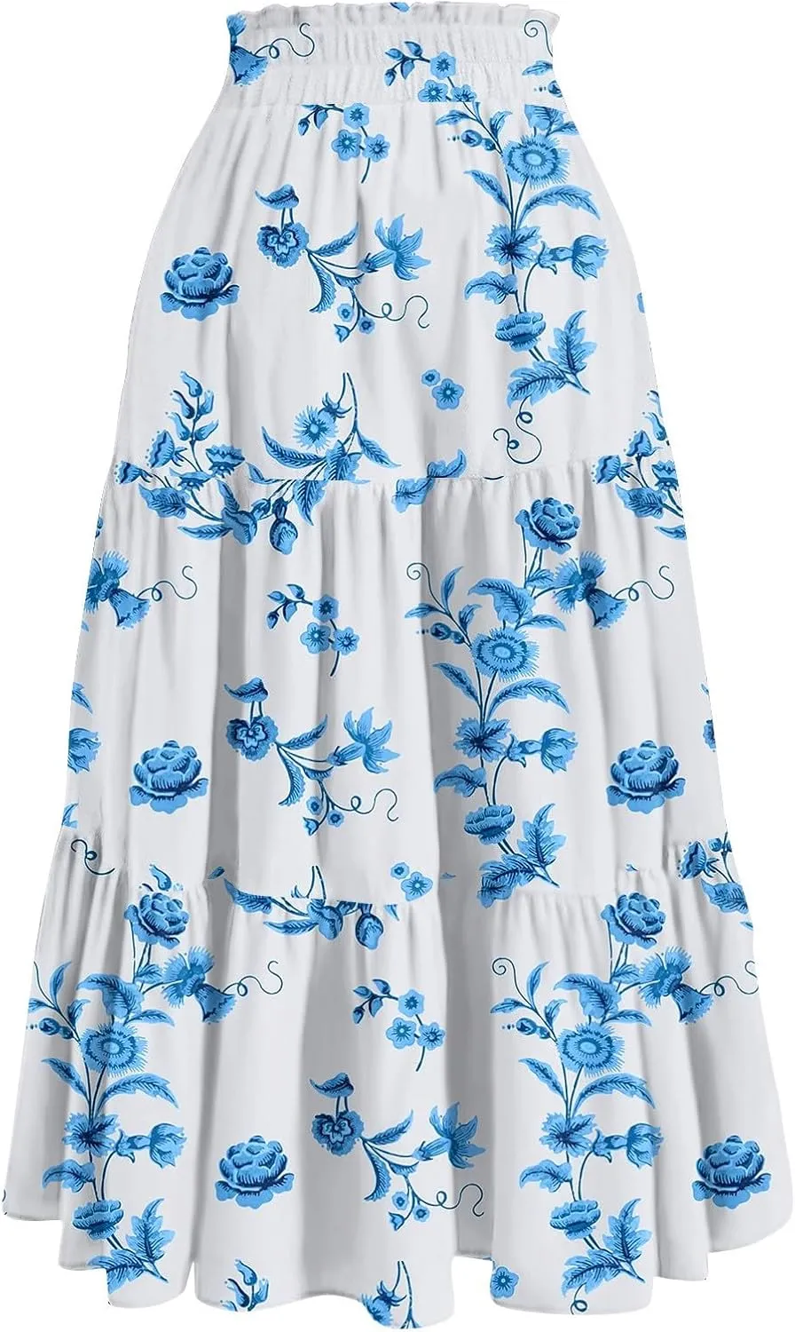 Maxi Skirt for Women Flowy Floral Print A-Line Maxi Summer Skirt Drawstring Elastic High Waist Pleated Tiered Skirts