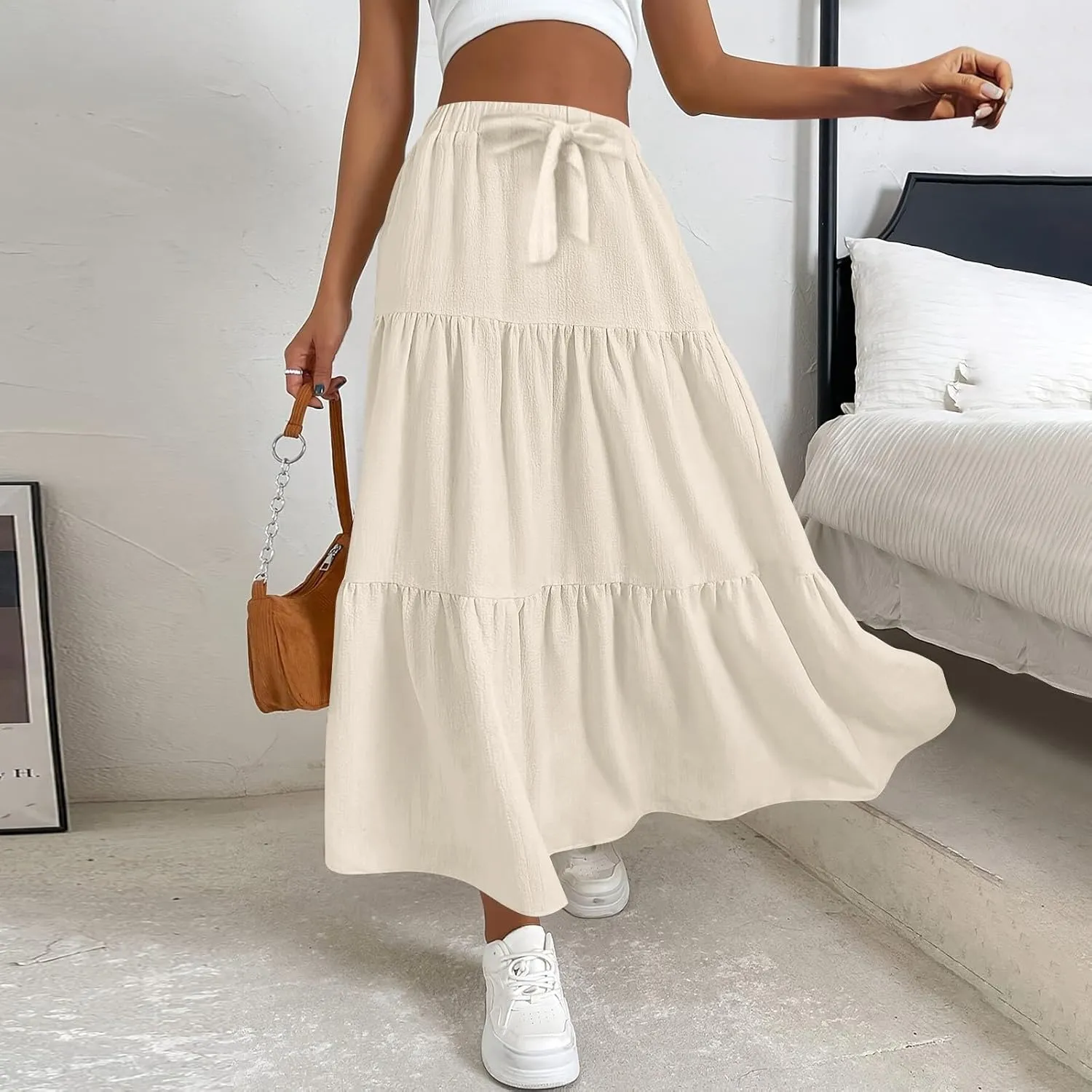 Maxi Skirts for Women 2025 Fashion Boho Long Skirt Summer Beach Swing Ruffle Tiered A-Line Pleated Elastic Waist