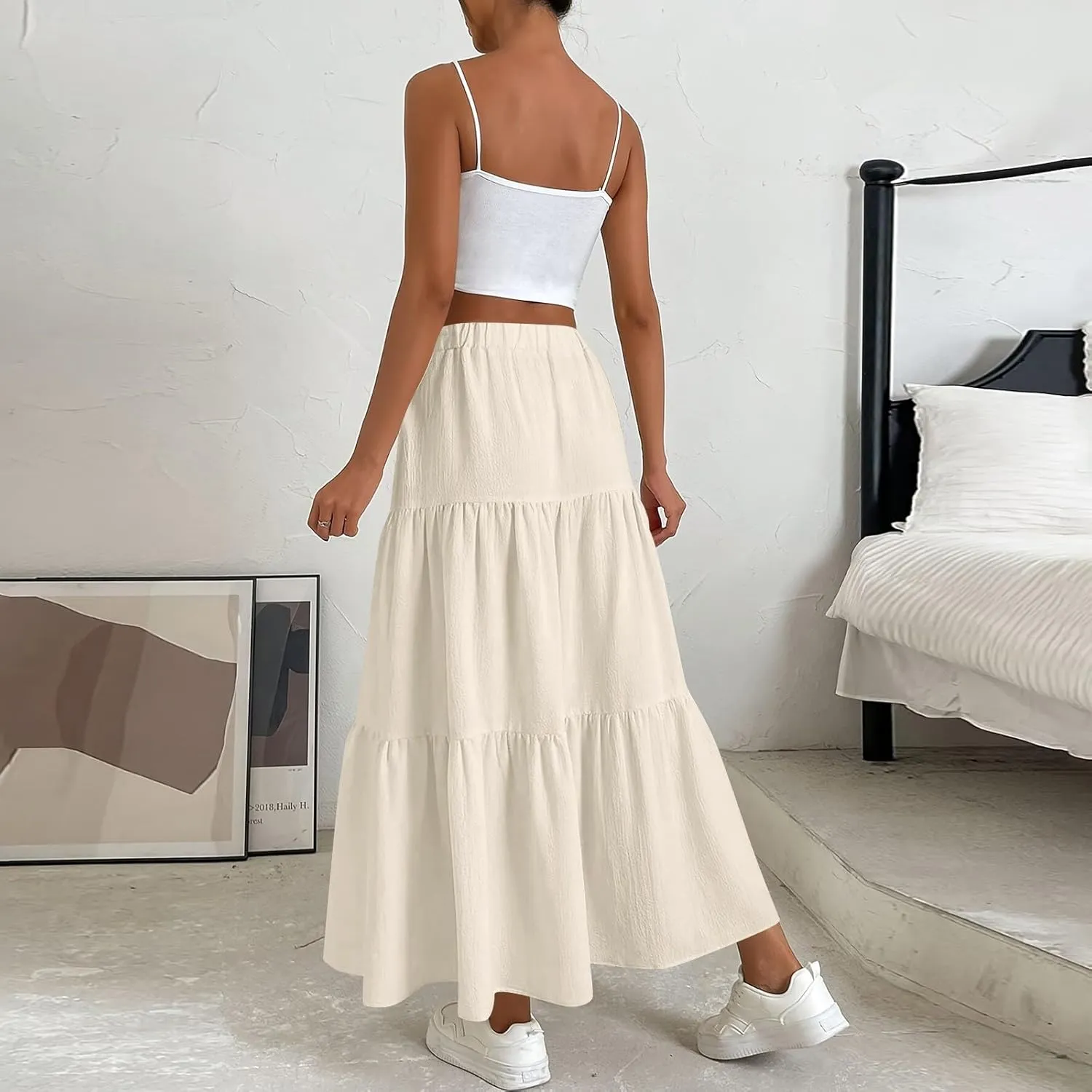 Maxi Skirts for Women 2025 Fashion Boho Long Skirt Summer Beach Swing Ruffle Tiered A-Line Pleated Elastic Waist