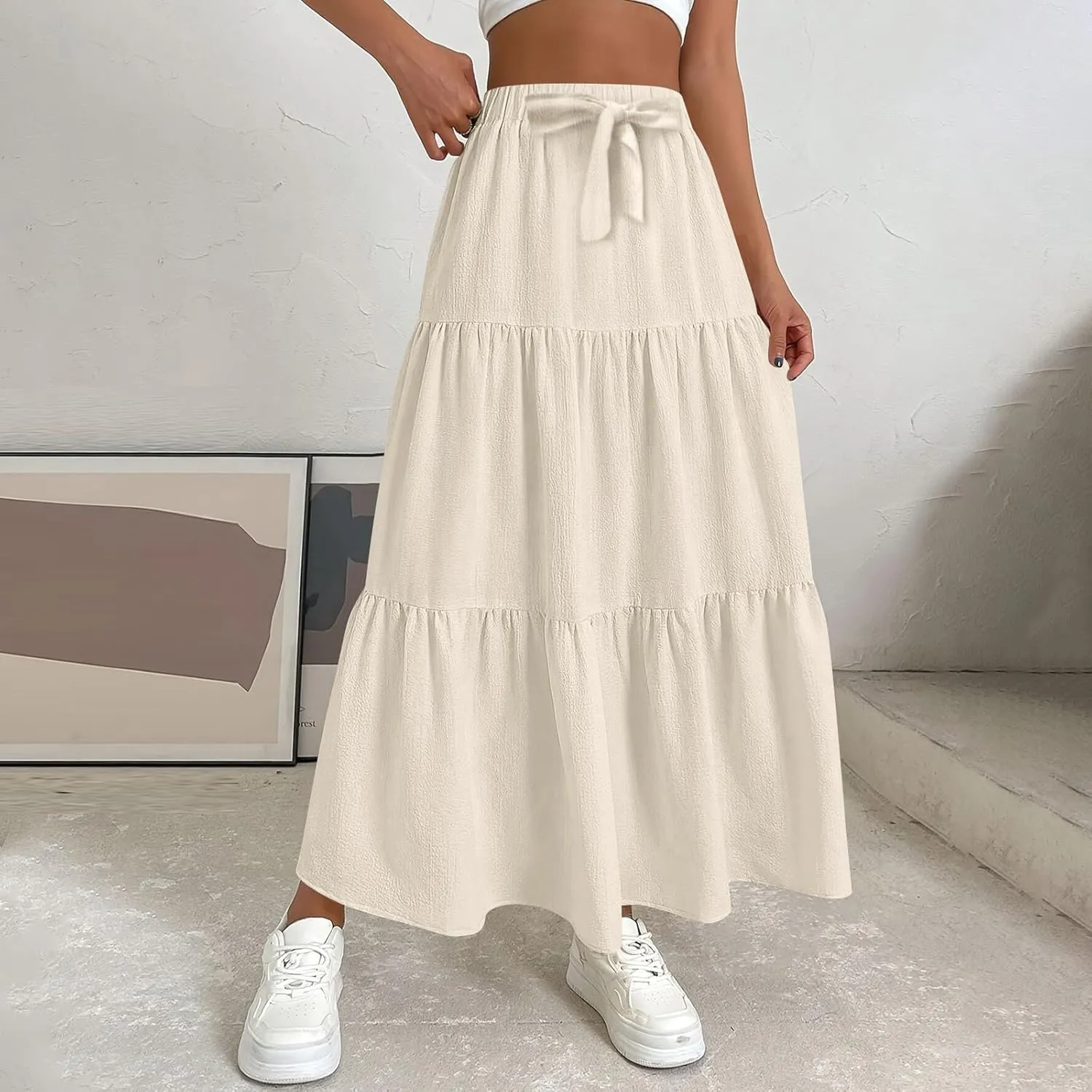 Maxi Skirts for Women 2025 Fashion Boho Long Skirt Summer Beach Swing Ruffle Tiered A-Line Pleated Elastic Waist