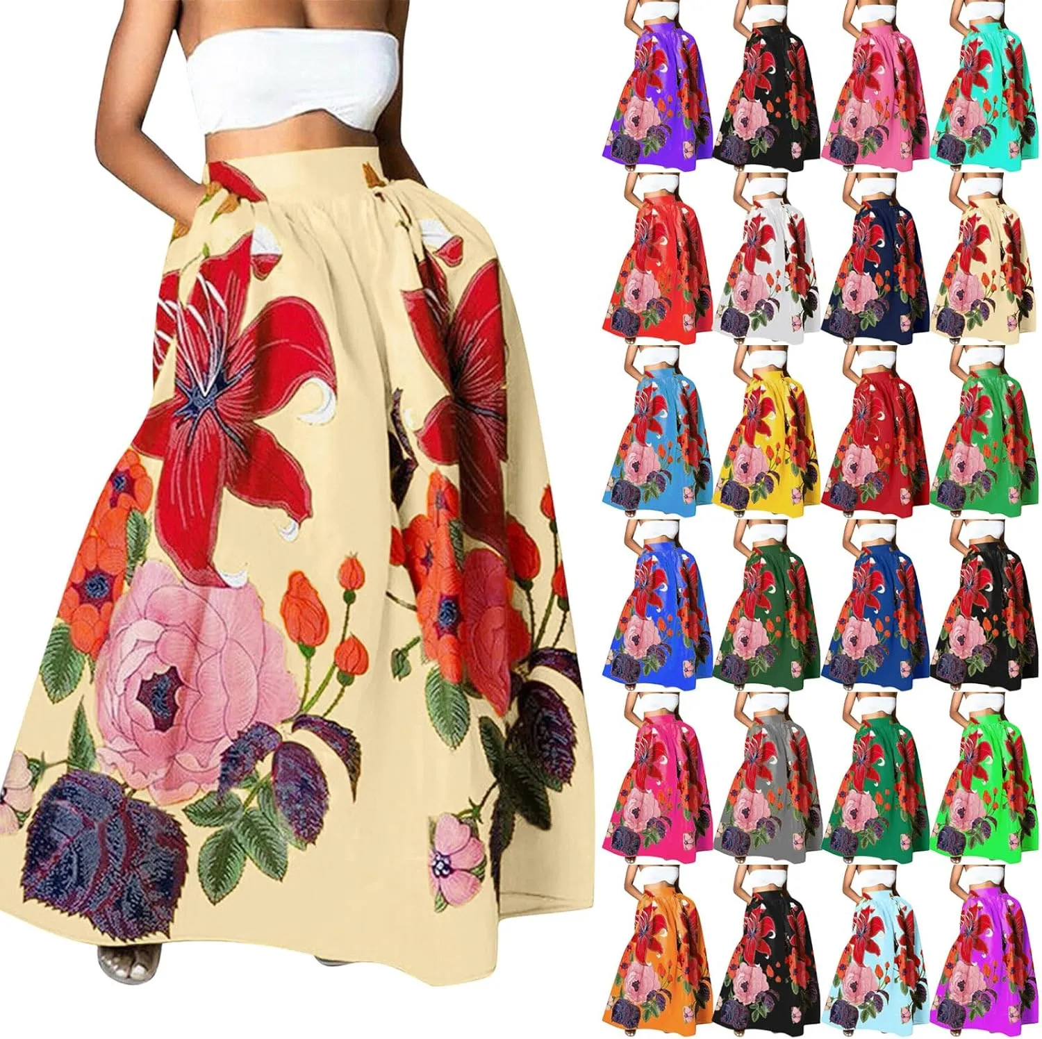 Maxi Skirts for Women Boho Skirt Summer Floral Skirt Long Flowy Skirts Broomstick Skirts Elastic Waist A Line Skirts