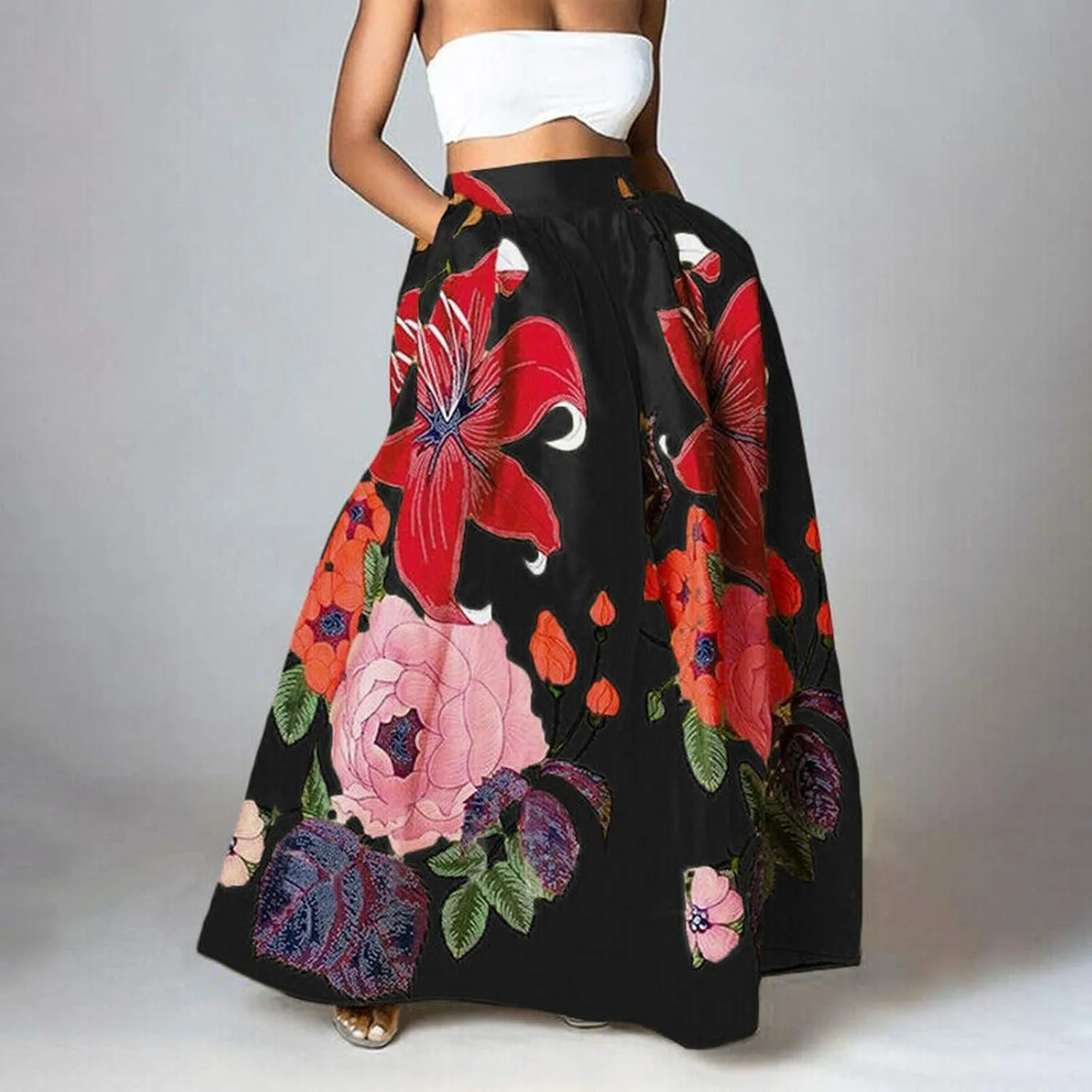 Maxi Skirts for Women Boho Skirt Summer Floral Skirt Long Flowy Skirts Broomstick Skirts Elastic Waist A Line Skirts