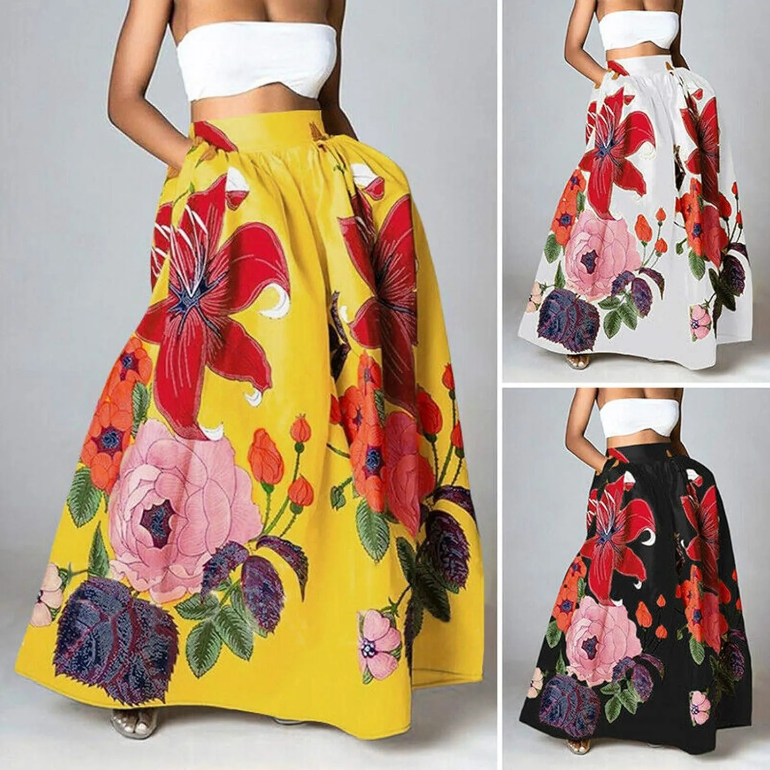 Maxi Skirts for Women Boho Skirt Summer Floral Skirt Long Flowy Skirts Broomstick Skirts Elastic Waist A Line Skirts