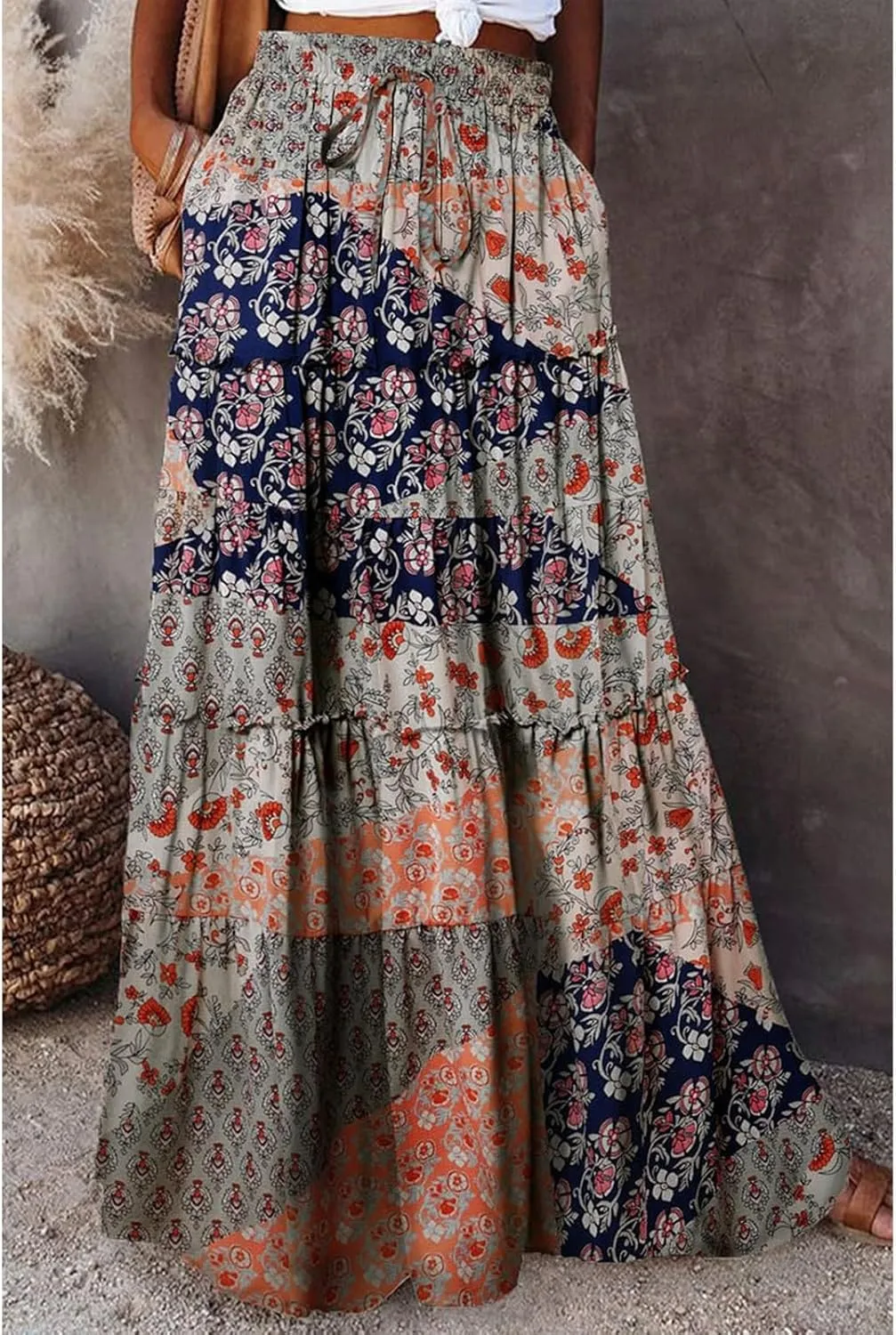 Maxi Skirts for Women Drawstring Elastic Waisted Tiered Pleated Long Floral Skirt Flowy Casual Womens Summer Skirts