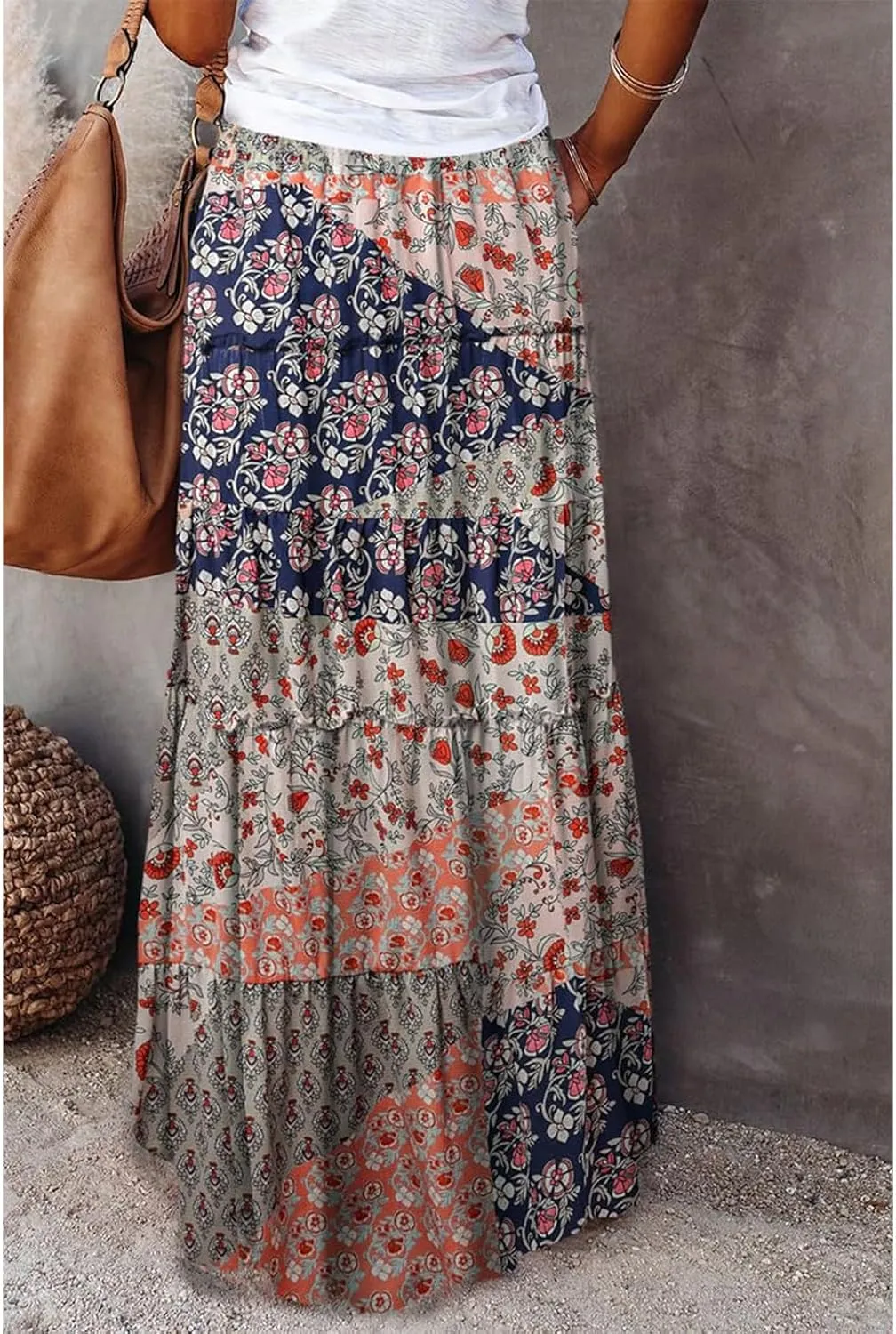 Maxi Skirts for Women Drawstring Elastic Waisted Tiered Pleated Long Floral Skirt Flowy Casual Womens Summer Skirts