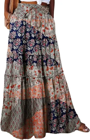 Maxi Skirts for Women Drawstring Elastic Waisted Tiered Pleated Long Floral Skirt Flowy Casual Womens Summer Skirts