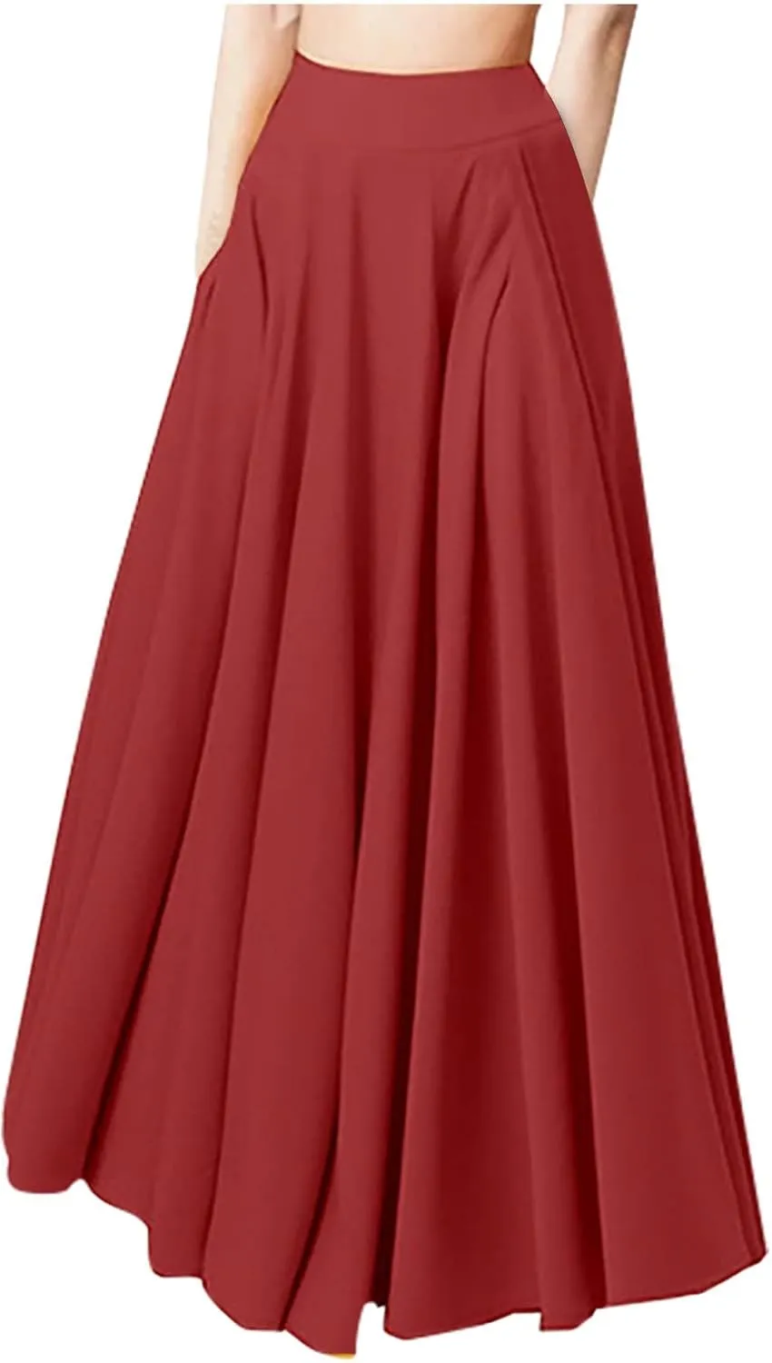 Maxi Skirts for Women Pleated Midi Skirt with Pocket Angle Length Skirts Flowy Long Skirt High Waisted A Line Skirts