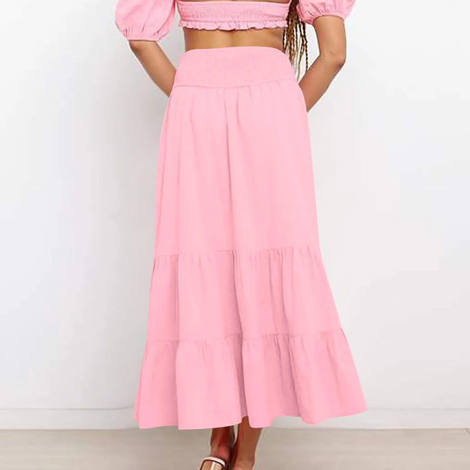 Maxi Skirts for Women Summer Boho Elastic High Waist Pleated Ruffle Tiered Skorts Casual Fashion Solid Flowy Skirt