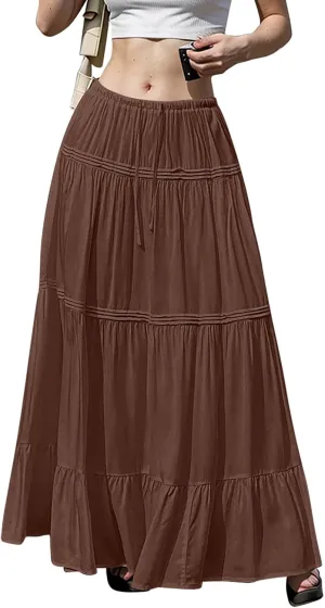 Maxi Skirts for Women Trendy Drawstring High Waisted Flowy Tiered Linen Skirt Pleated Ruffled A-Line Long Skirts