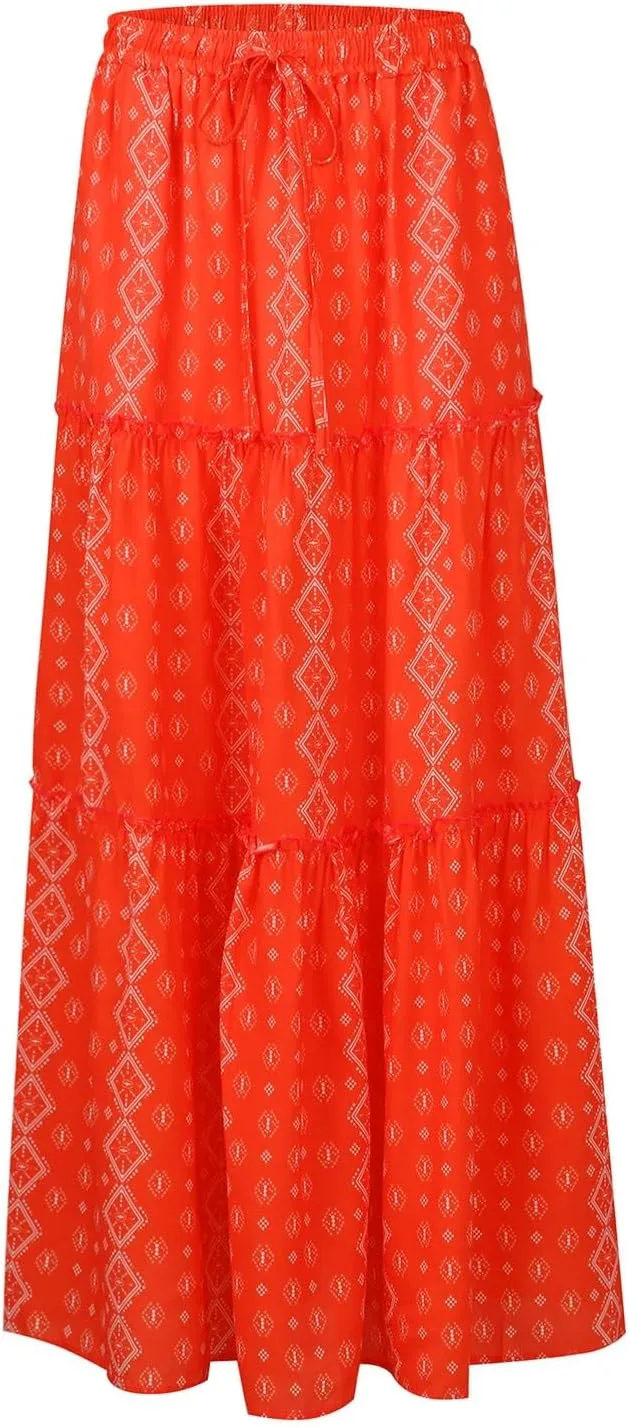 Maxi Skirts for Women,High Waisted Trendy Womens Boho Maxi Skirt with Pockets Pleated Flowy Long Skirts 2025