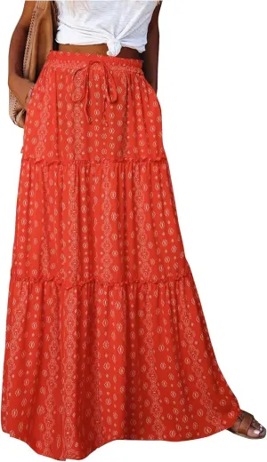 Maxi Skirts for Women,High Waisted Trendy Womens Boho Maxi Skirt with Pockets Pleated Flowy Long Skirts 2025