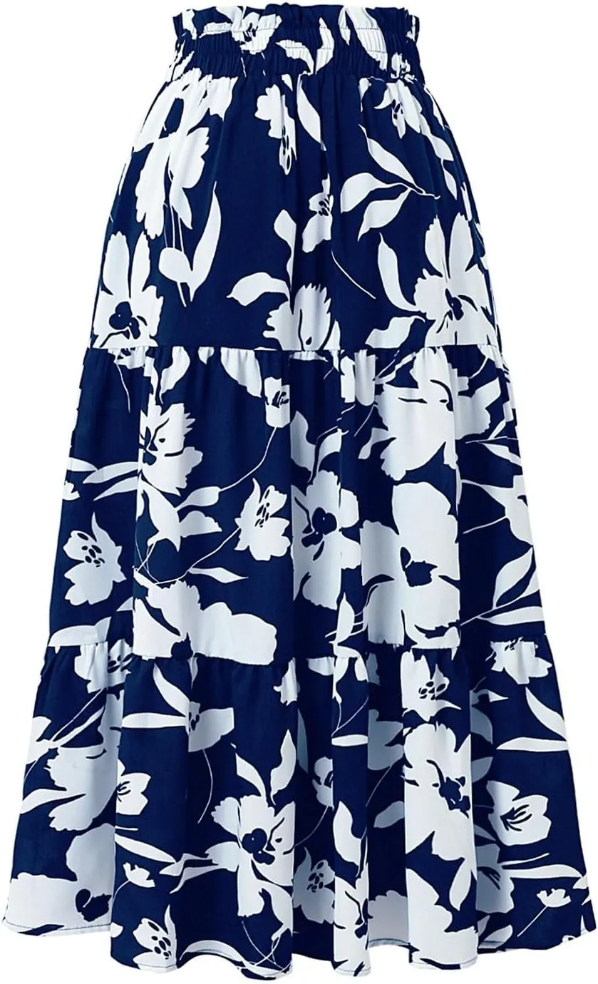 Maxi Skirts for Women,Trendy High Waisted Womens Boho Maxi Skirt with Pockets Pleated Flowy Long Skirts 2025