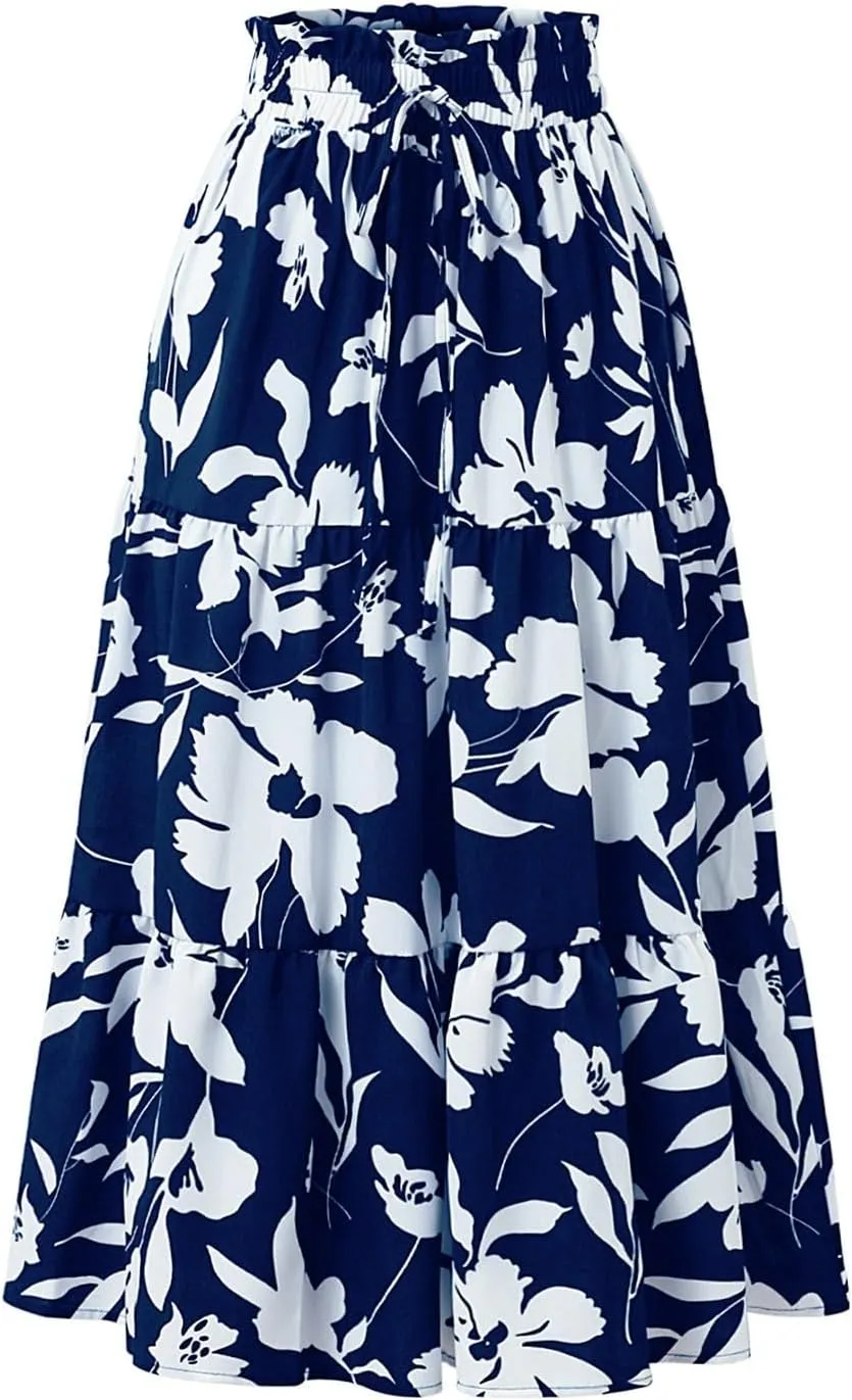 Maxi Skirts for Women,Trendy High Waisted Womens Boho Maxi Skirt with Pockets Pleated Flowy Long Skirts 2025