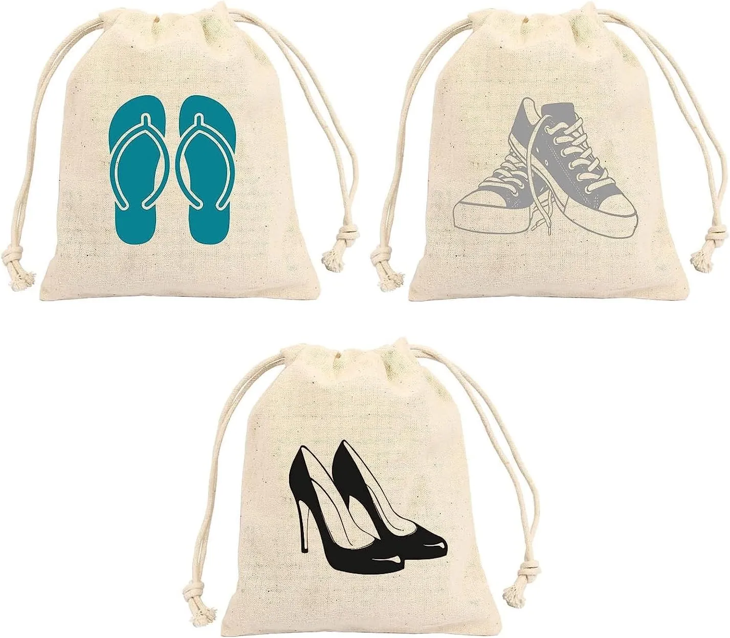 Mayatra's Pack of 3 Eco Friendly Shoe Slipper Heals Dust Bags - 100% Cotton Travel Shoe Cover - Organic Bag Organizer With Drawstrings For Men Women Kids