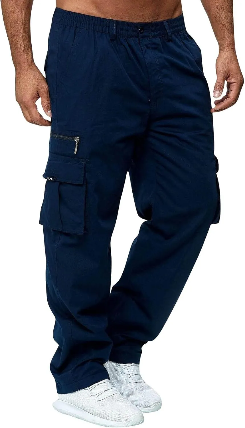 Men's Casual Multi-Pocket Loose Straight-Leg Work Pants Outdoor Fit Pants Fitness Pants