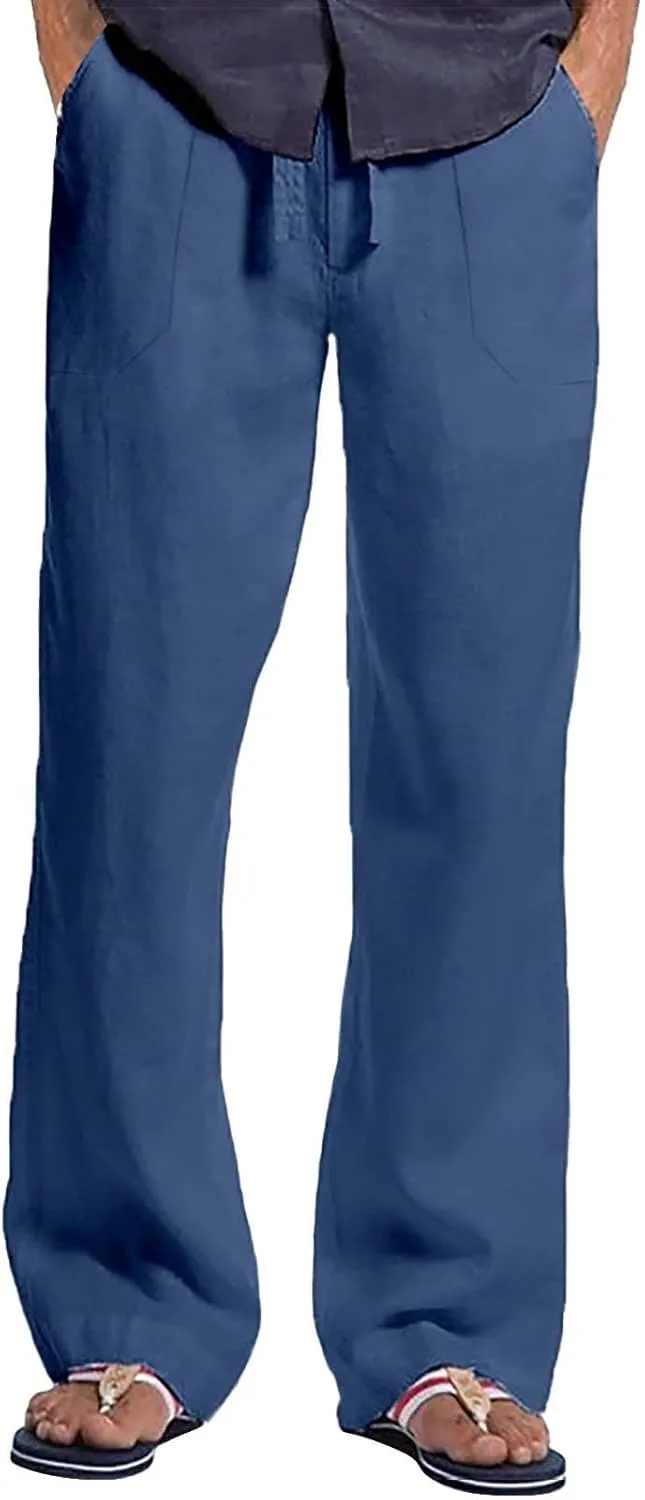 Men's Linen Casual Cargo Pants with Pockets Solid Hipster Beach Pants Breathable Outdoor Hiking Sweatpants Summer Joggers