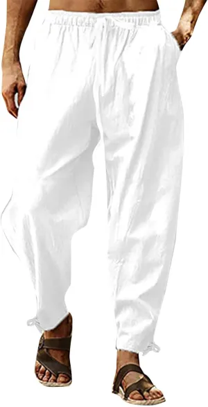 Men's Linen Pants Elastic Drawstring Casual Loose Fit Beach Summer Pants Lightweight Linen Trousers Yoga Pants