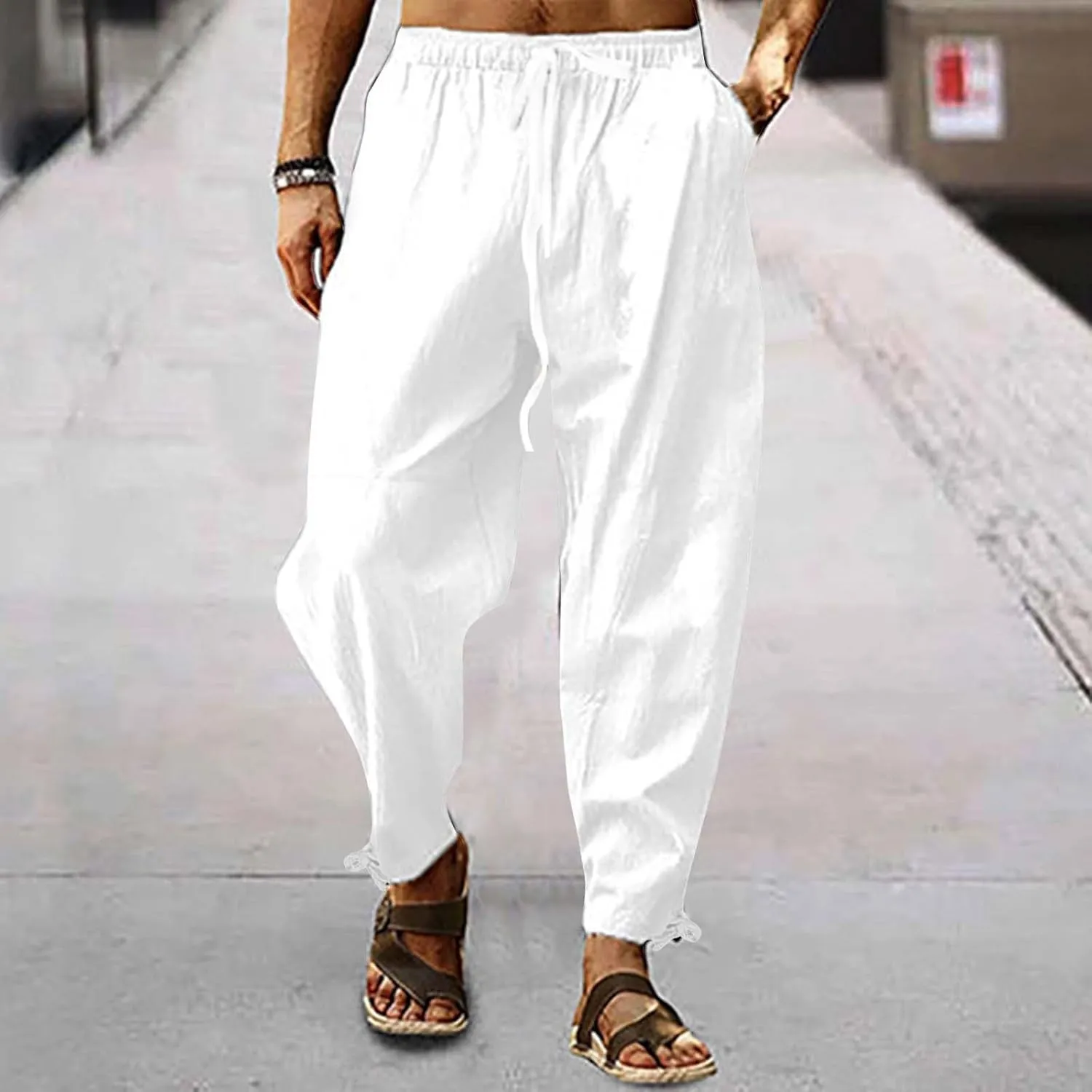 Men's Linen Pants Elastic Drawstring Casual Loose Fit Beach Summer Pants Lightweight Linen Trousers Yoga Pants