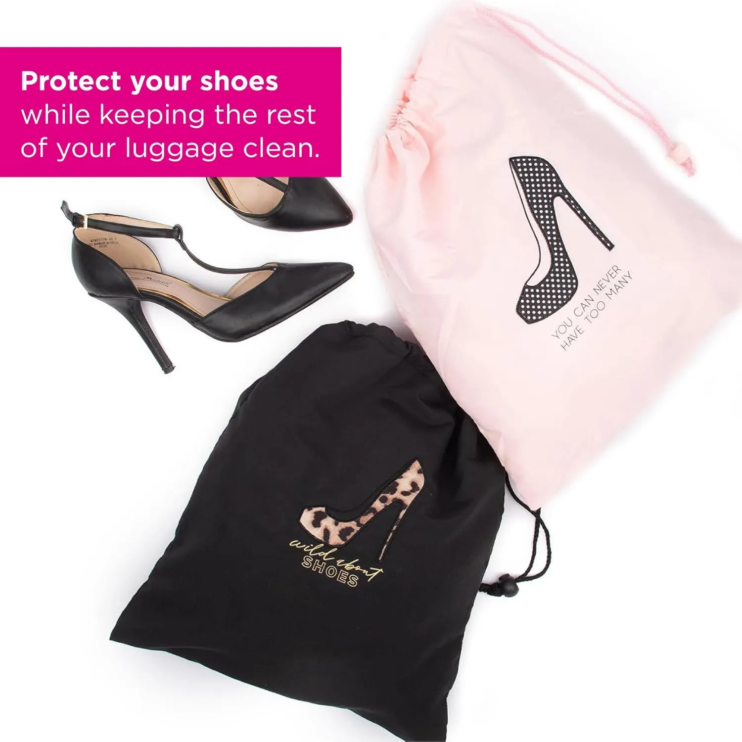 Miamica Shoe Storage Bag  11 x 9  Cute Shoe Bag for Women w Interior Divider, Protects Luggage - Fits 1-2 Pairs of Shoes