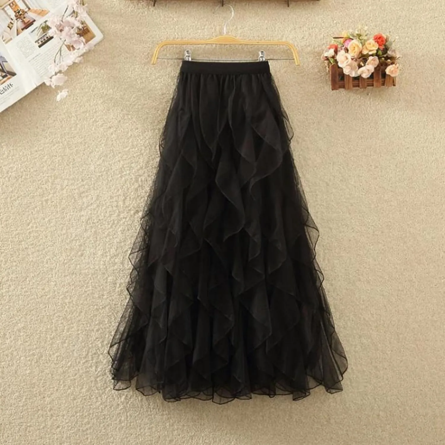 Midi Skirt for Women Trendy High Elastic Waist Loose Pleated Ladies Ruffles Casual Vacation Wedding Skirts for Party