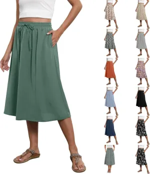 Midi Skirts for Women Knee Length Drawstring High Waisted Boho Floral Skirts Flowy A-Line Beach Skirt with Pockets