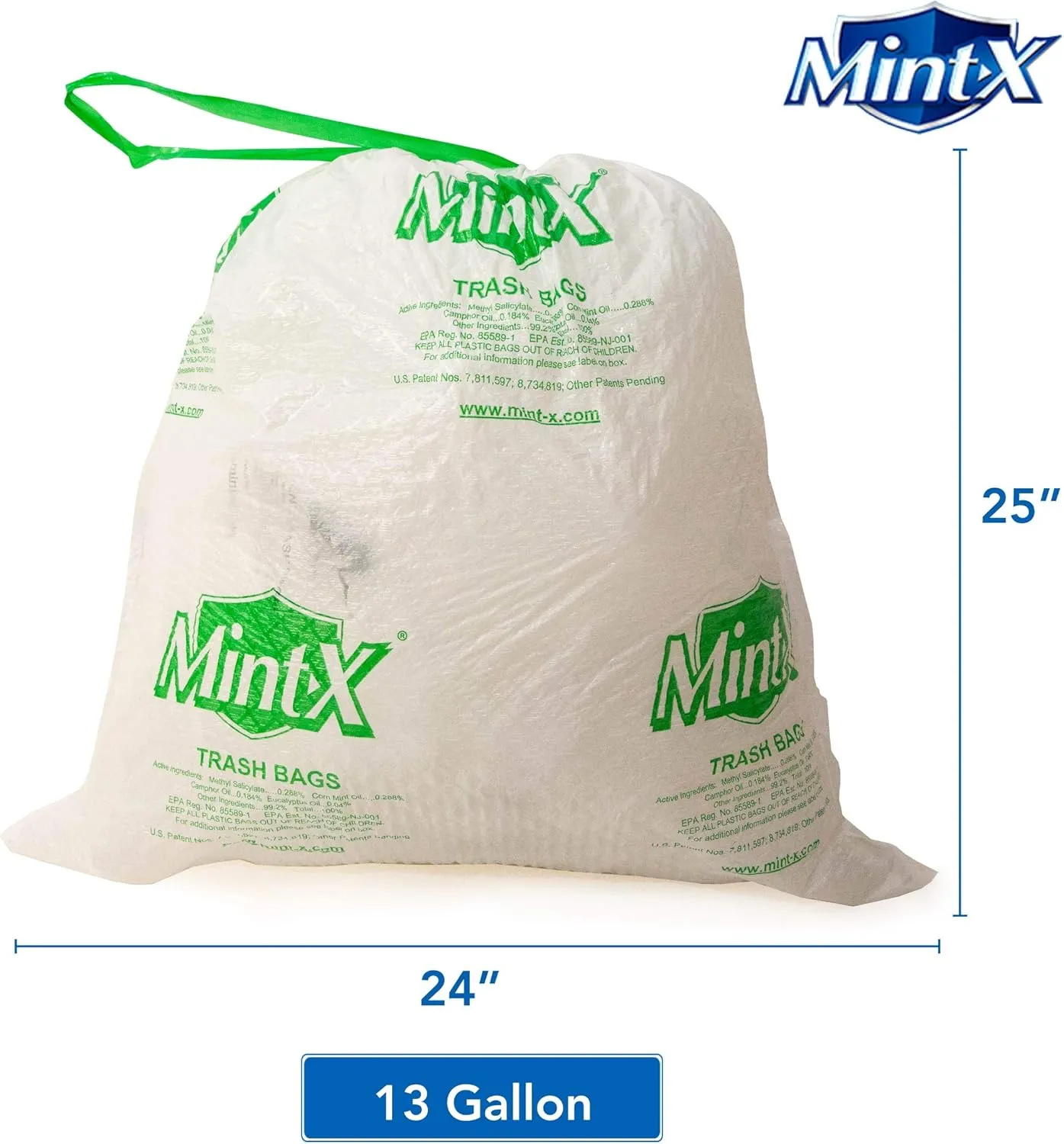 Mint -X Rodent Repellent Indoor Tall Kitchen Drawstring Trash Bags with Mint-Flex Technology; 13 Gallon, 120 Count, White