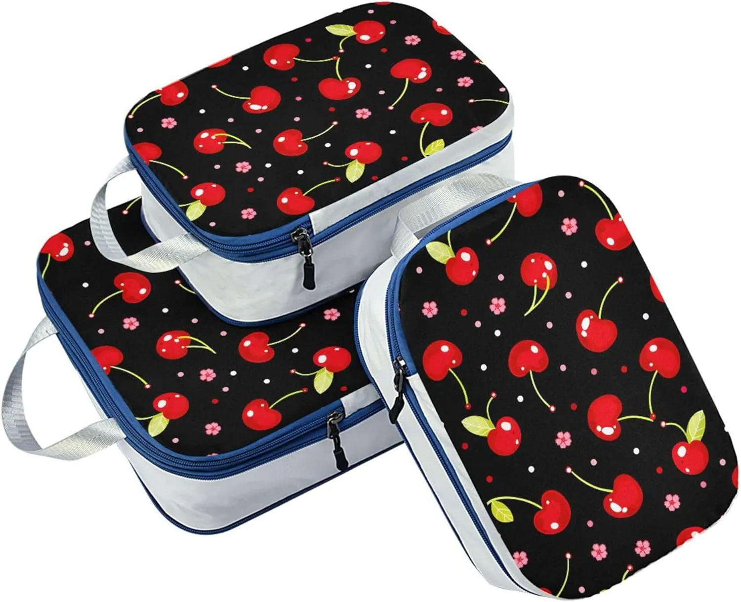 MNSRUU Compression Packing Cubes for Suitcases 3 Set, Cherries with Flowers on Black Travel Luggage Organiser Portable Toiletry Storage Bags for Clothes Shoes Home Storage
