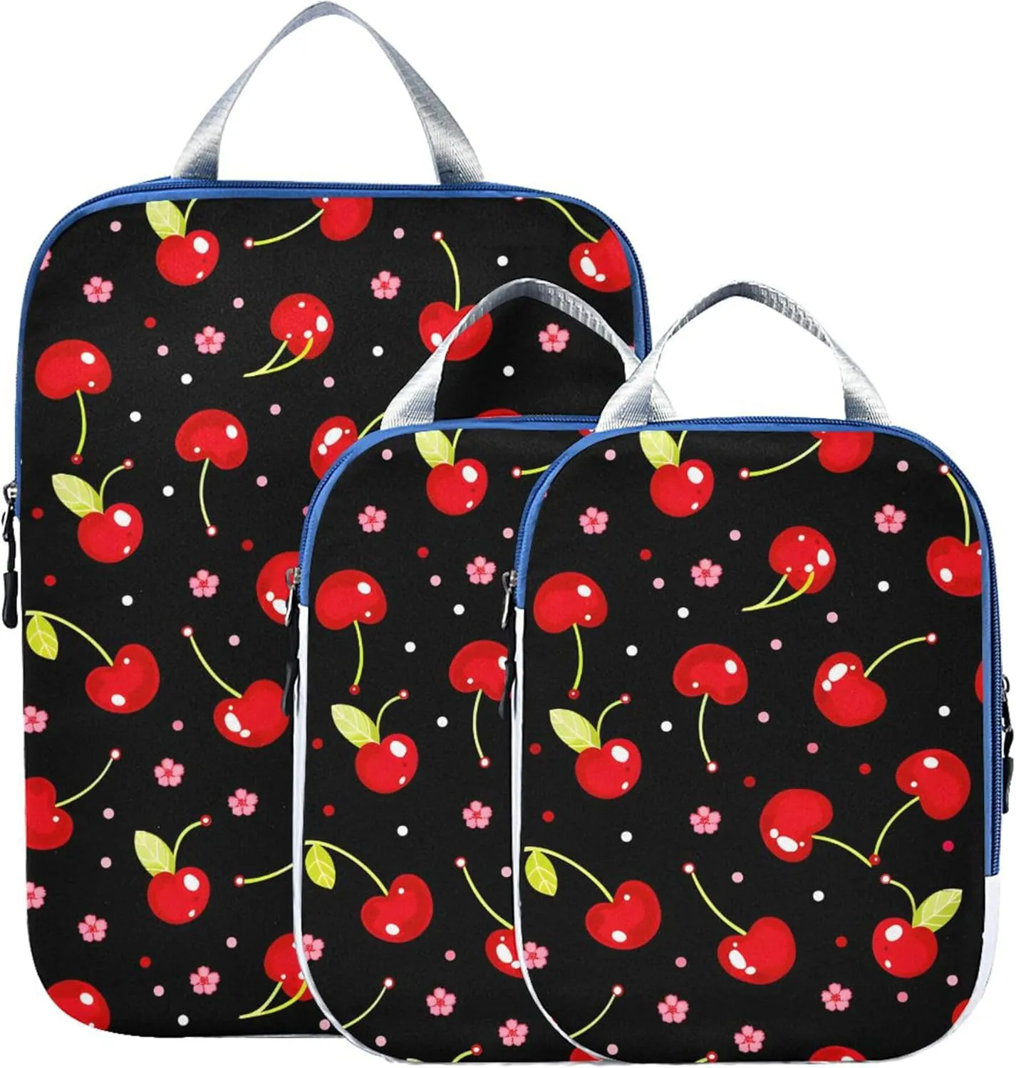 MNSRUU Compression Packing Cubes for Suitcases 3 Set, Cherries with Flowers on Black Travel Luggage Organiser Portable Toiletry Storage Bags for Clothes Shoes Home Storage
